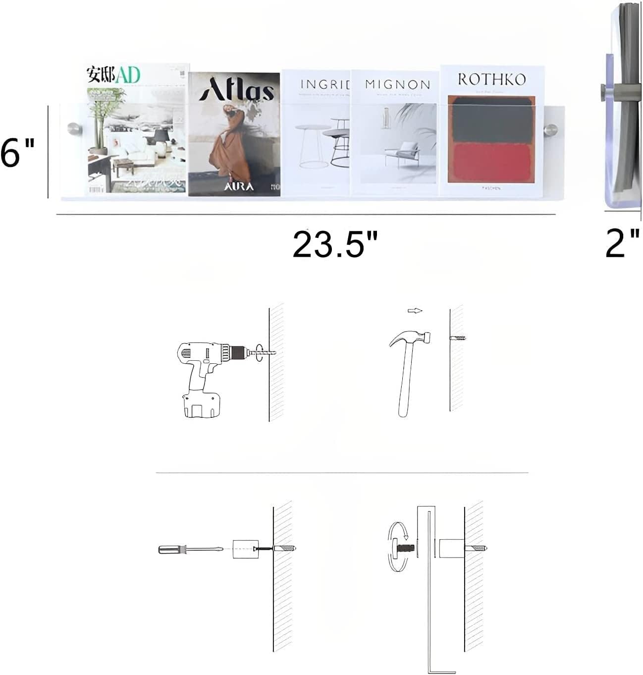 2-Pack Acrylic Magazine Holder Vinyl Records Holder, Display Floating Bookshelves Wall Mounted, Nursery Book Shelves Wall Decor Hanging Magazine Holder for Waiting Room, Living Room, Office