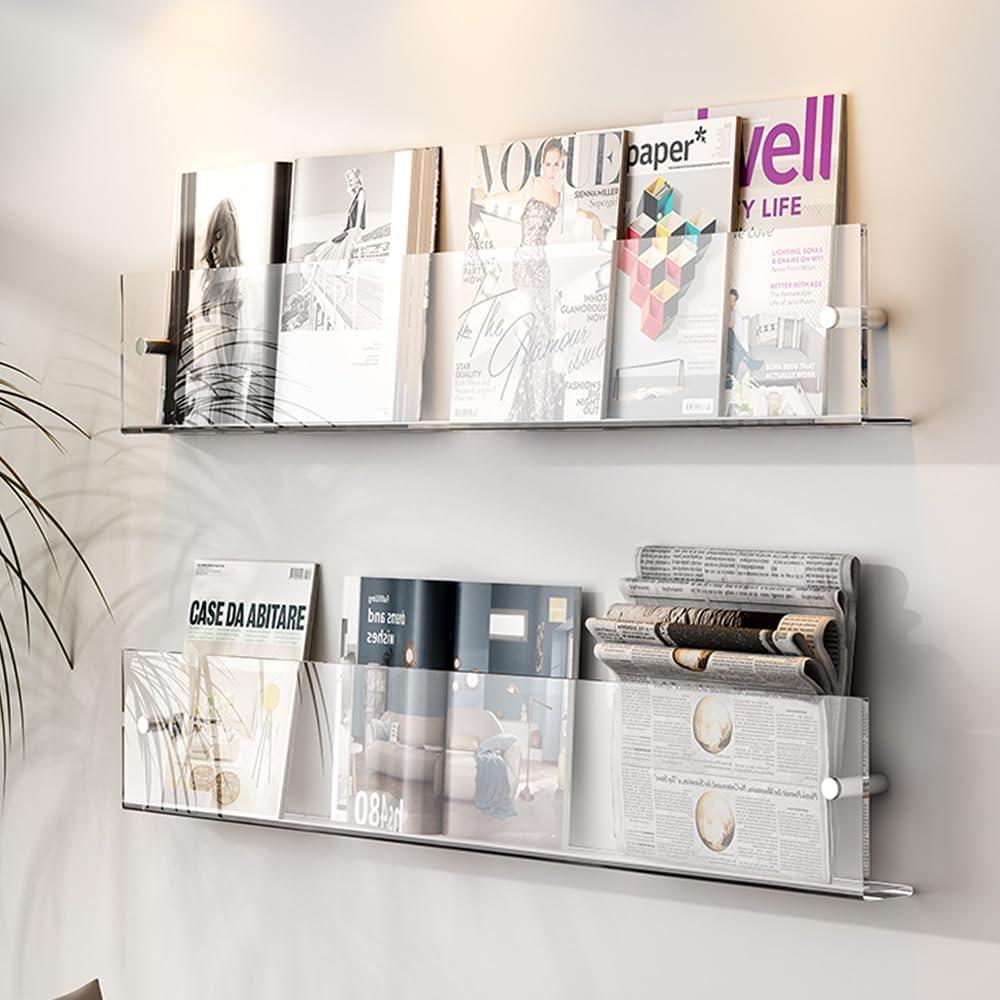 DuvinDD 2 Pack Acrylic Magazine Holder Rack Brochure Holder Wall Mount 24 inch Clear Hanging Magazine Rack Floating Bookshelf for Literature Pamphlet Organizer for Room Office, with Mounting Kit