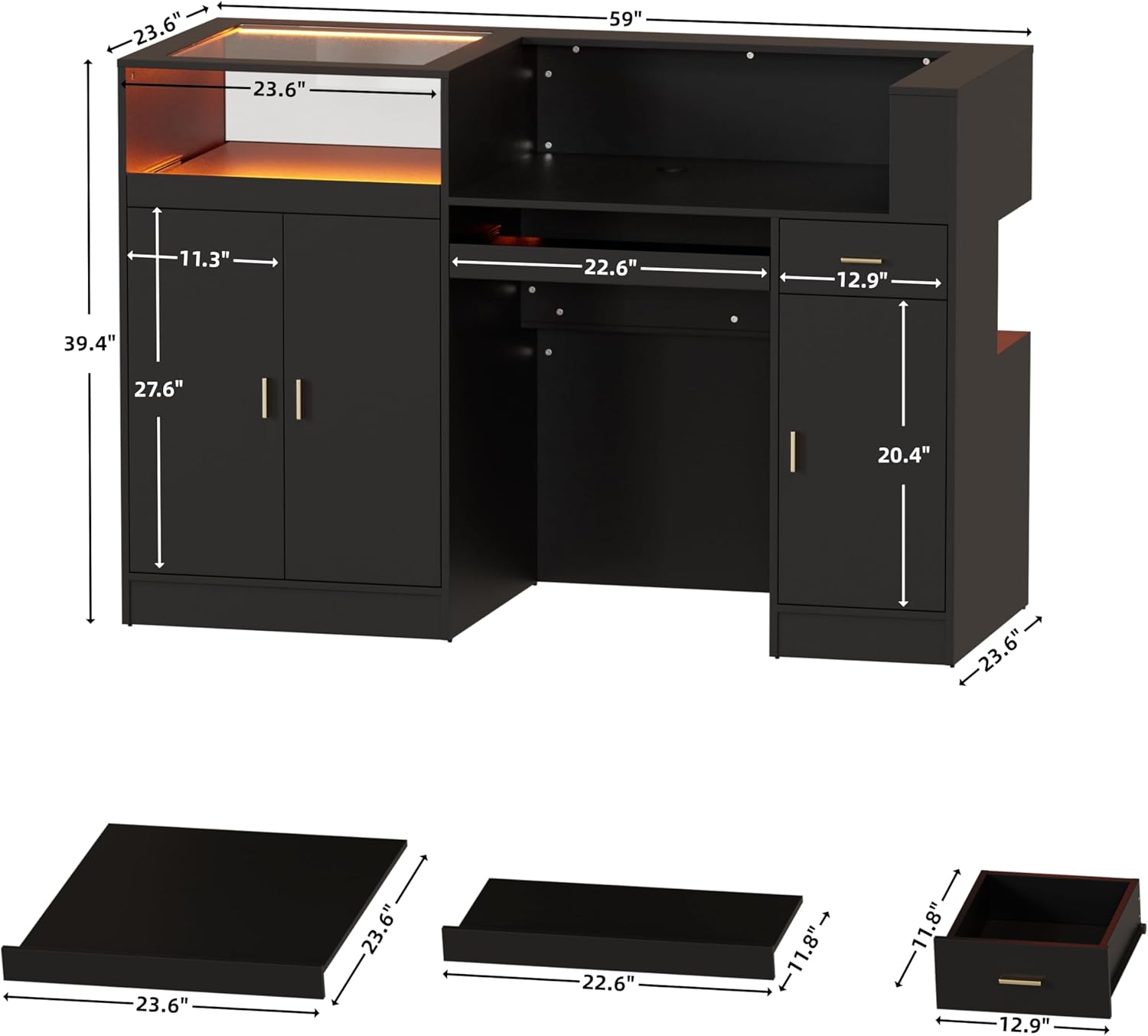 PAKASEPT 59" Large Reception Desk with Counter, Modern Front Desk Reception Room Table with LED Light & Glass Display Shelf, Retail Counter for Checkout, Lobby, Beauty Salon, Home Office Desk (Black)