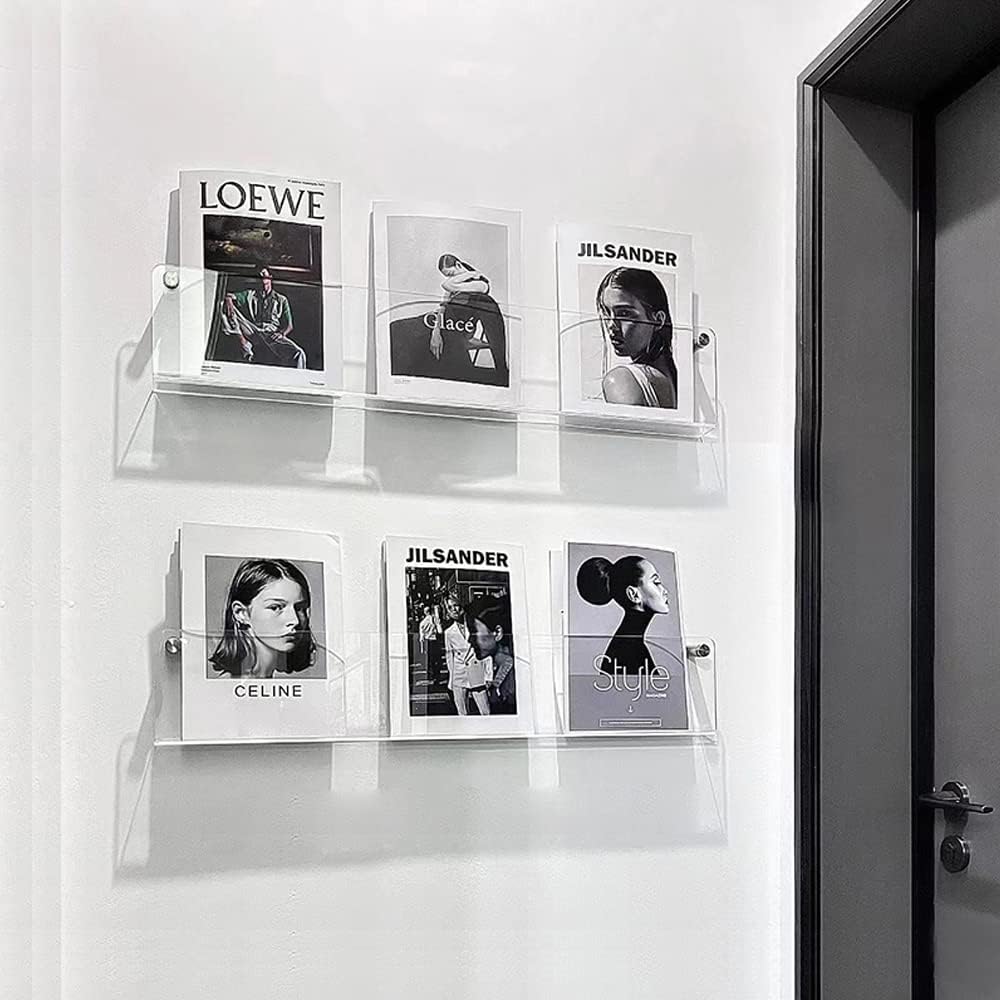DuvinDD 2 Pack Acrylic Magazine Holder Rack Brochure Holder Wall Mount 24 inch Clear Hanging Magazine Rack Floating Bookshelf for Literature Pamphlet Organizer for Room Office, with Mounting Kit
