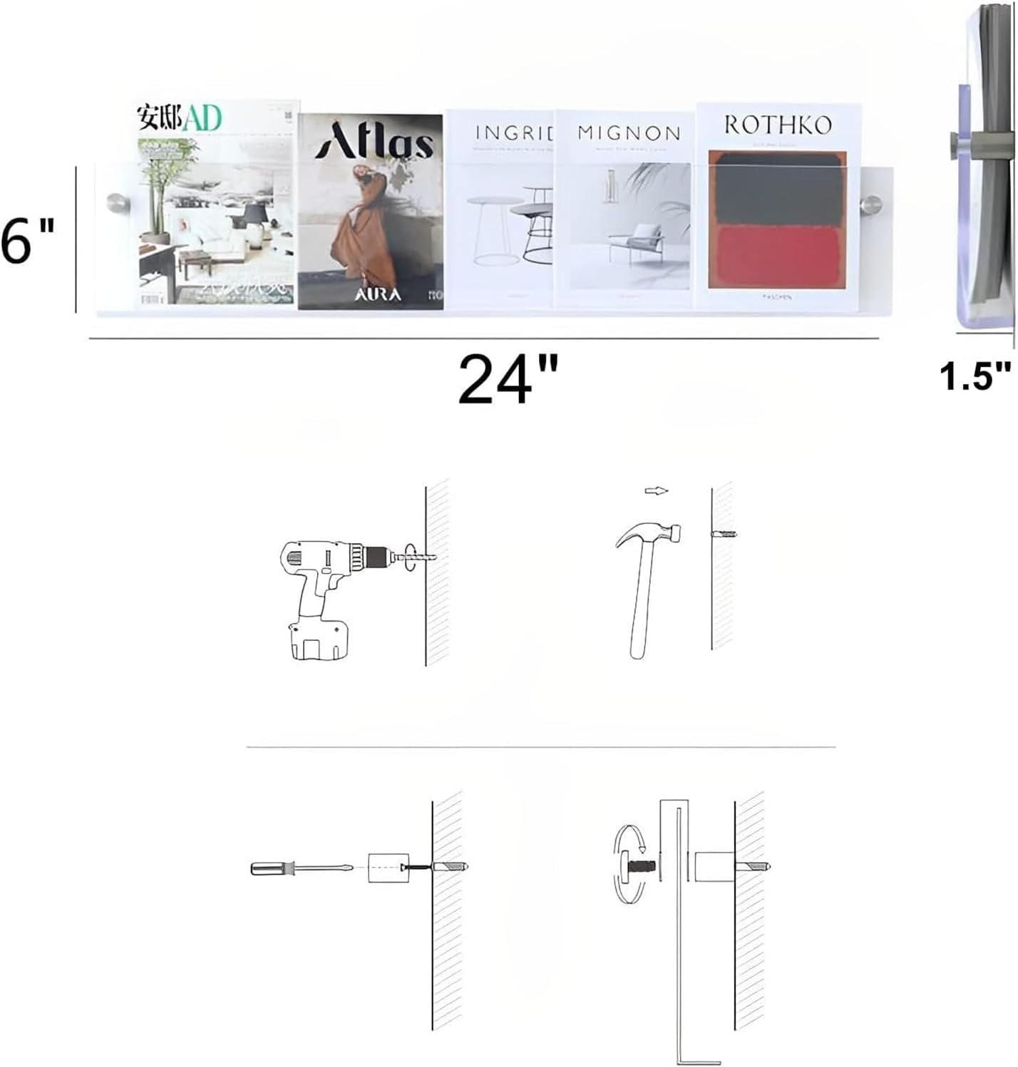 ROYALITA 2-Pack Acrylic Magazine Holder Brochure Holder, 24" Record Holder Magazine Rack, Fashion Hanging Bookshelf Literature Storage Rack for Waiting Room, Living Room, Office, Clear 24 Inch