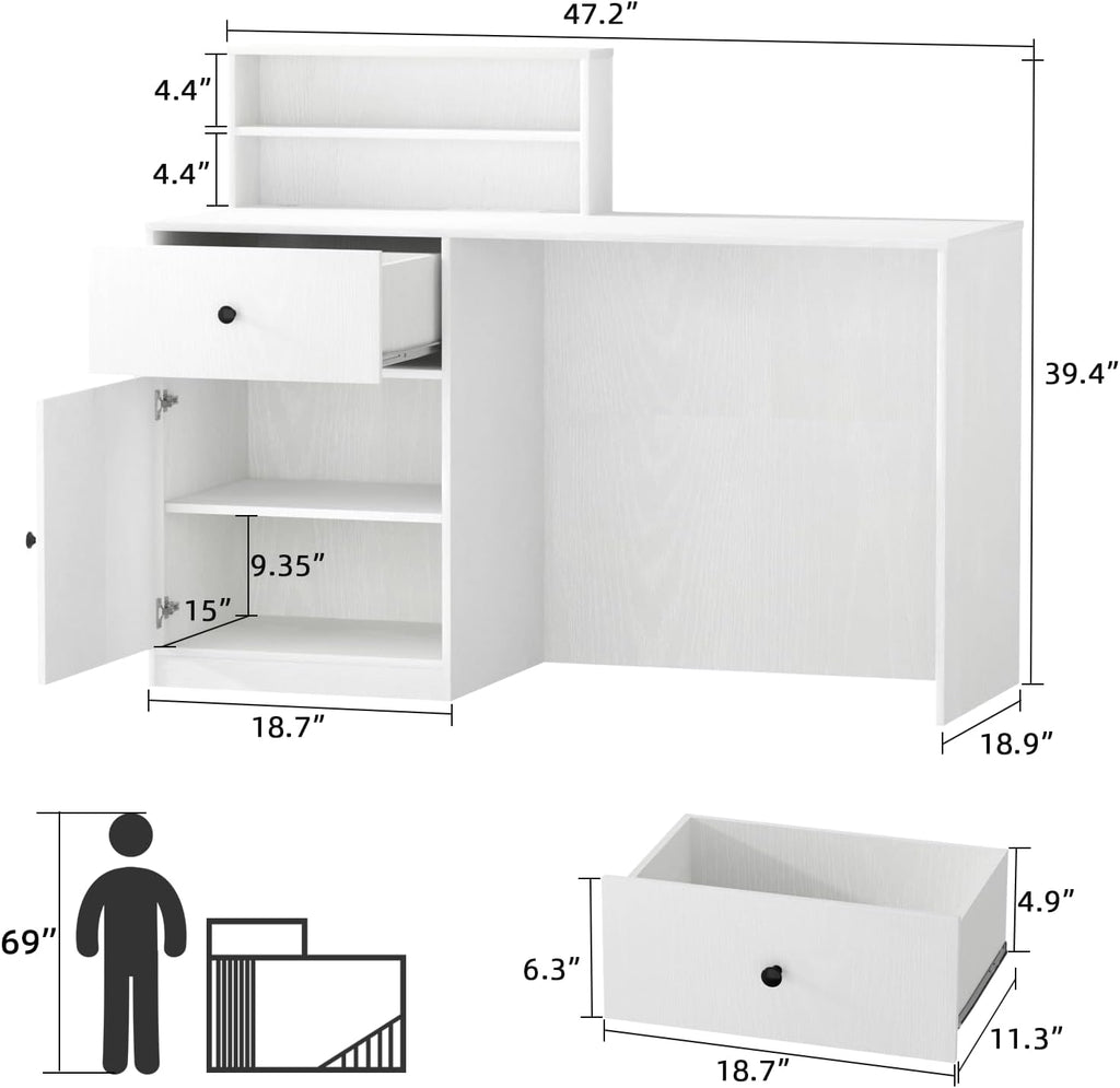 TUSY Reception Desk with Counter - Modern Front Desk with Adjustable LED Lighting, Small Reception Room Table with Storage Drawer, Checkout Counter for Salon, Lobby (47.2" W x 18.9" D x 39.4" H)