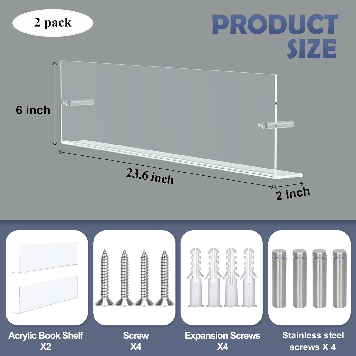 DuvinDD 2 Pack Acrylic Magazine Holder Rack Brochure Holder Wall Mount 24 inch Clear Hanging Magazine Rack Floating Bookshelf for Literature Pamphlet Organizer for Room Office, with Mounting Kit