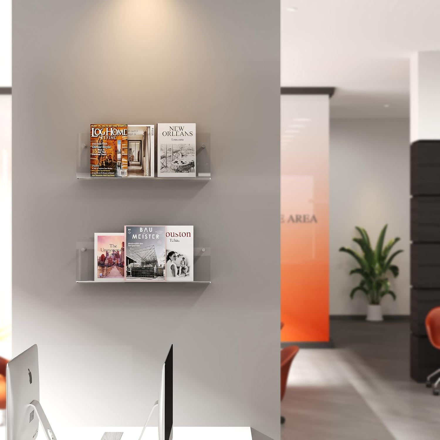 Acrylic Magazine Holder, 2 Pack Hanging Bookshelf Magazine Rack, Wall Mounted Floating Brochure Display for Waiting Room, Office, Home (Clear, 17 Inch)