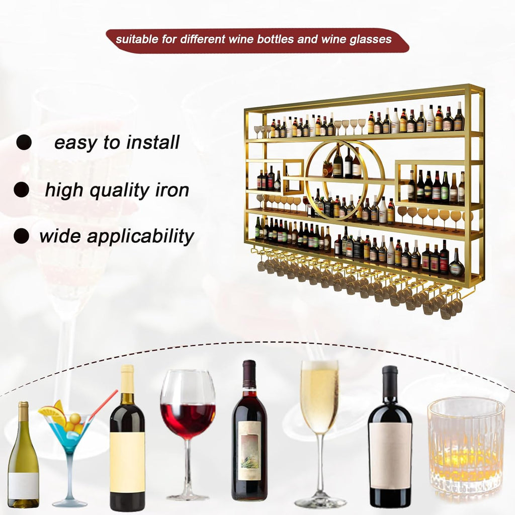 Wall Mounted Wine Rack, Modern Industrial Hanging Liquor Bottles Shelves with Wine Glass Holder, Metal Floating Wine Storage Display Shelf, for Bar, Kitchen, Wine Cellar (Gold, 140cm/55.1in)