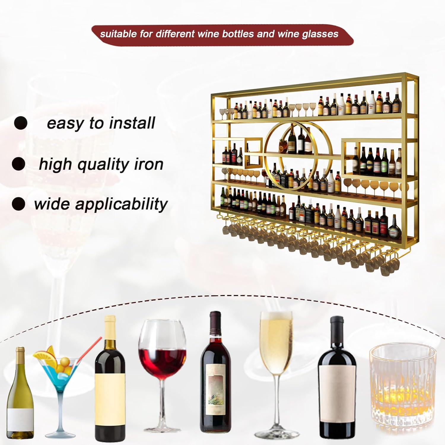 Wall Mounted Wine Rack, Modern Industrial Hanging Liquor Bottles Shelves with Wine Glass Holder, Metal Floating Wine Storage Display Shelf, for Bar, Kitchen, Wine Cellar (Gold, 140cm/55.1in)