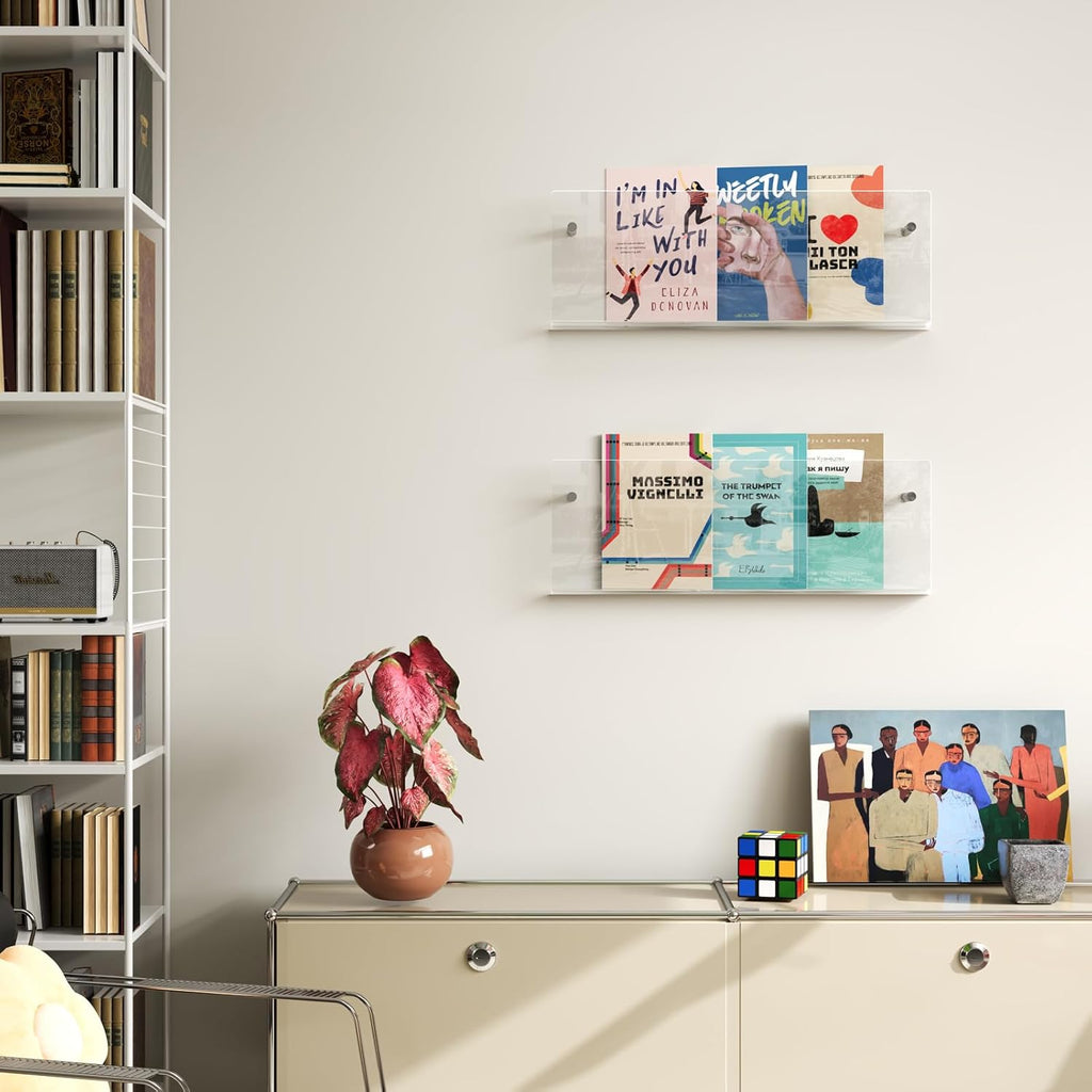 Acrylic Magazine Holder, 2 Pack Hanging Bookshelf Magazine Rack, Wall Mounted Floating Brochure Display for Waiting Room, Office, Home (Clear, 17 Inch)