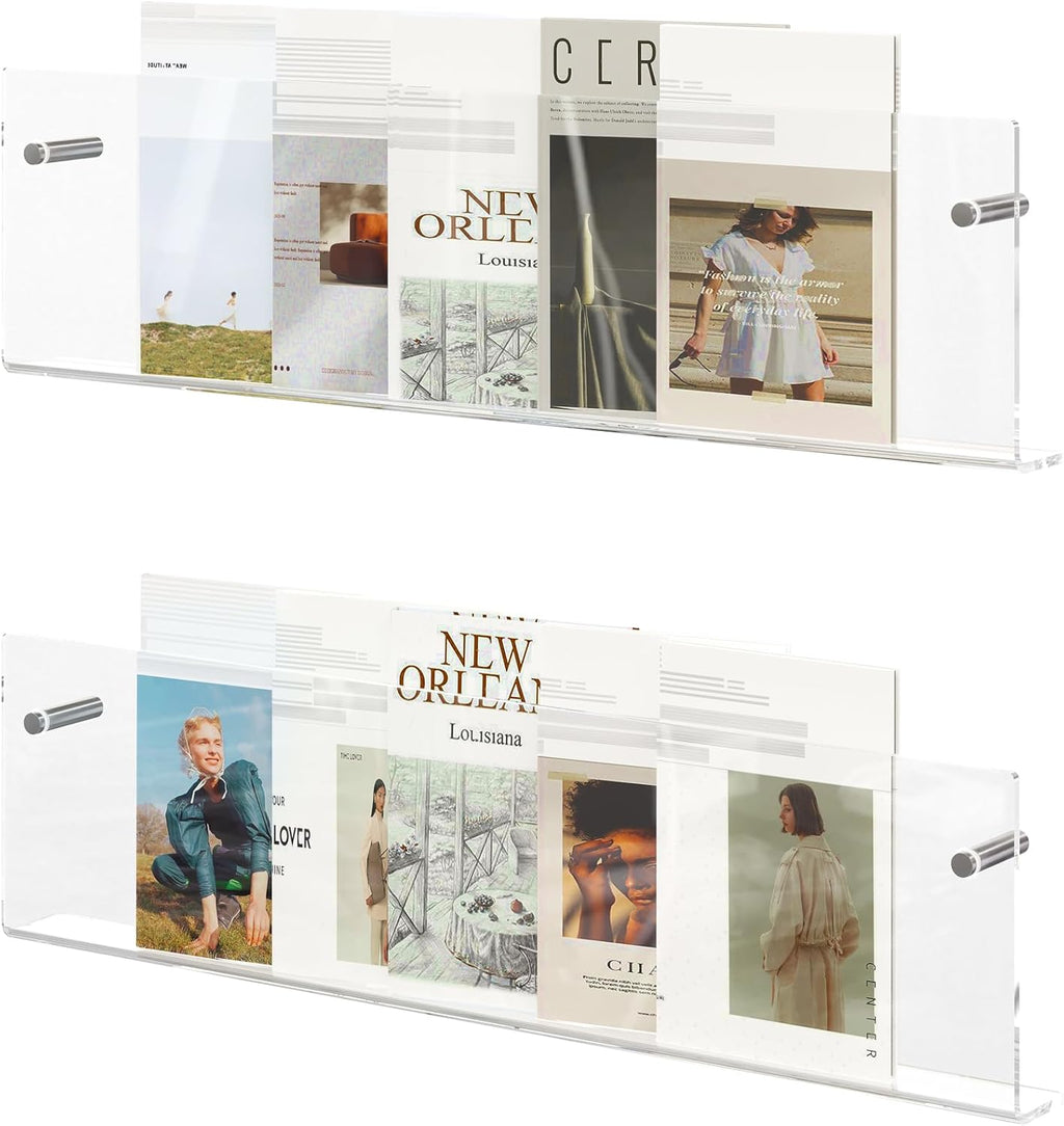 Acrylic Magazine Holder, 2 Pack Hanging Bookshelf Magazine Rack, Wall Mounted Floating Brochure Display for Waiting Room, Office, Home (Clear, 17 Inch)