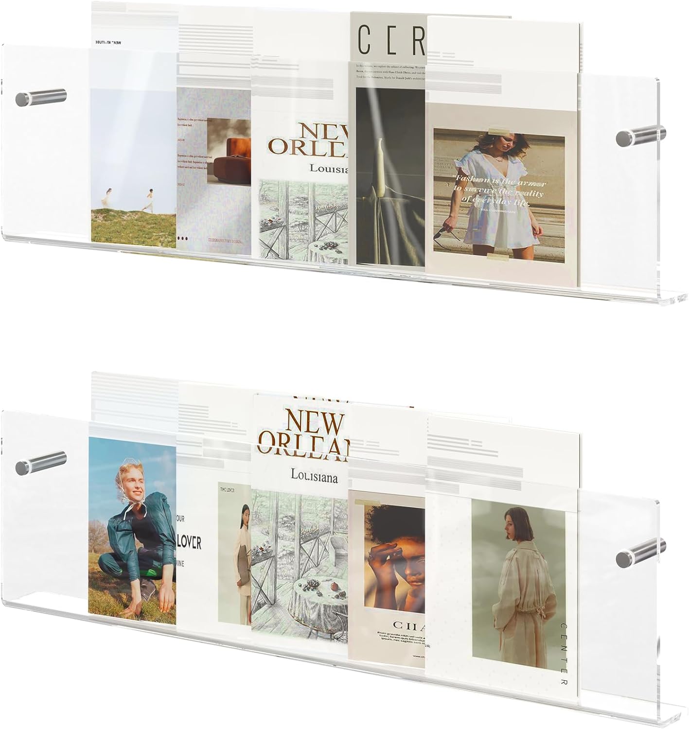 Acrylic Magazine Holder, 2 Pack Hanging Bookshelf Magazine Rack, Wall Mounted Floating Brochure Display for Waiting Room, Office, Home (Clear, 17 Inch)