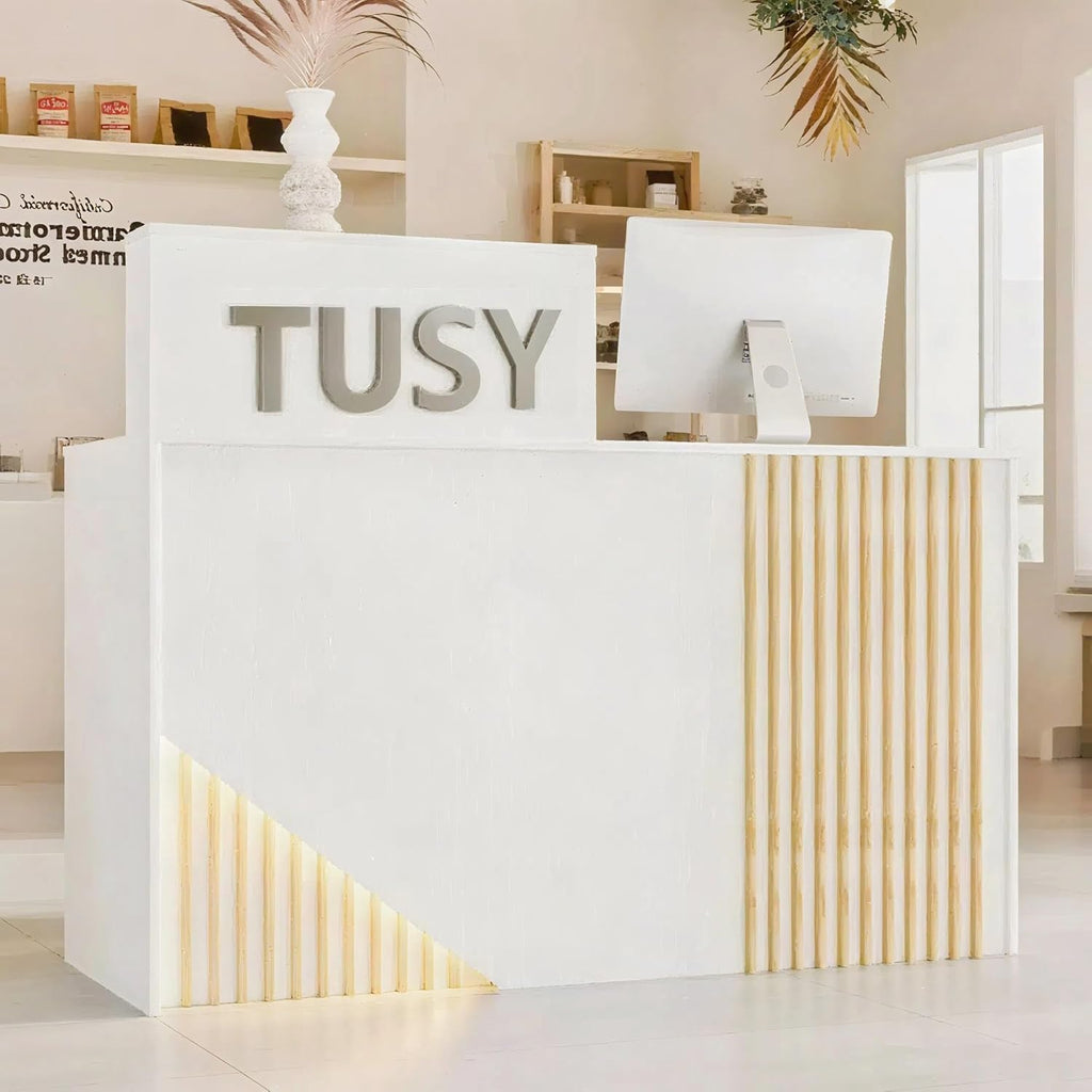 TUSY Reception Desk with Counter - Modern Front Desk with Adjustable LED Lighting, Small Reception Room Table with Storage Drawer, Checkout Counter for Salon, Lobby (47.2" W x 18.9" D x 39.4" H)