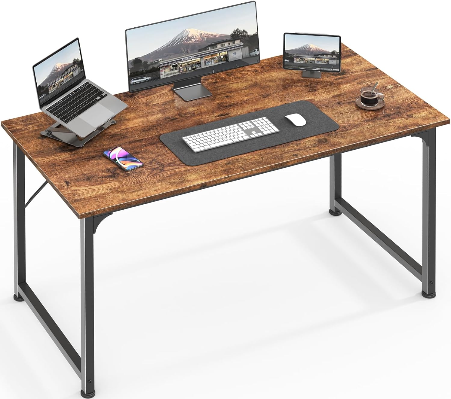 Huuger Computer Desk, 55 Inch Home Office Desk, Gaming Writing Work from Home Study Desk, Large Legroom, Sturdy Metal Frame, Modern Simple, Rustic Brown
