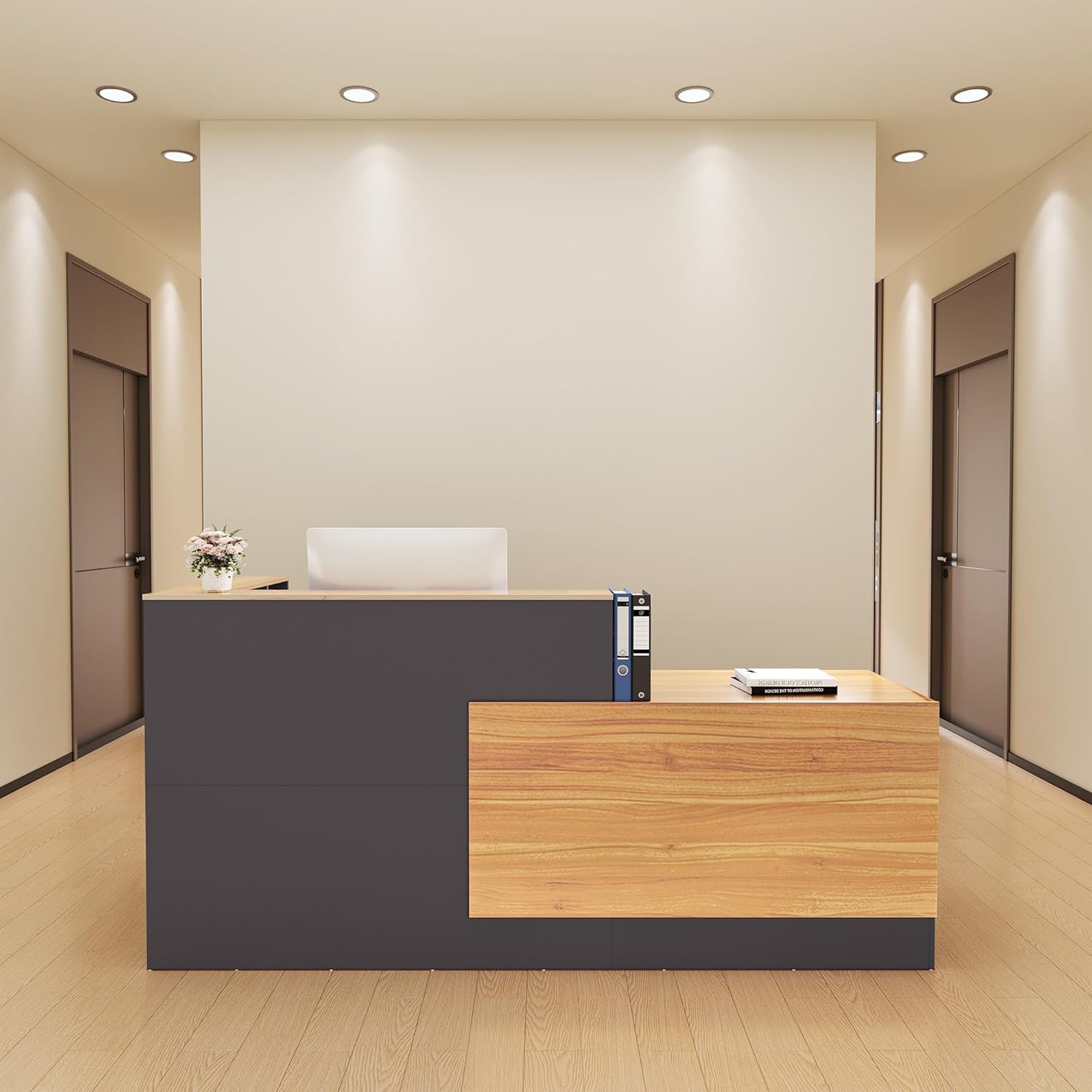 L Shaped Reception Desk with Lockable Drawers and Adjustable Filling Cabinet,Modern Front Desk Reception Counter with Keyboard Tray and Storage Cabinet for Checkout,Lobby,Beauty Salon