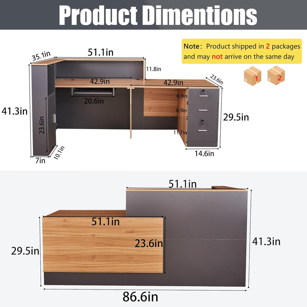 L Shaped Reception Desk with Lockable Drawers and Adjustable Filling Cabinet,Modern Front Desk Reception Counter with Keyboard Tray and Storage Cabinet for Checkout,Lobby,Beauty Salon