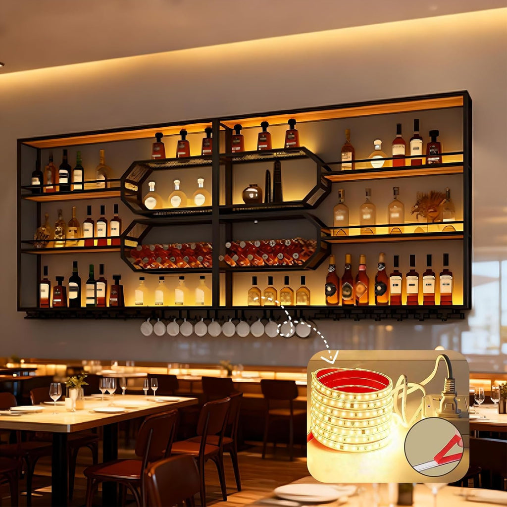 78.7in Wall Mounted Wine Rack with LED Light, 4 Tier Bar Shelves Display Shelf with Glass Holder, Large Heavy Duty Metal Floating Hanging Liquor Storage Organizer, for Bar Dining Room Cafe