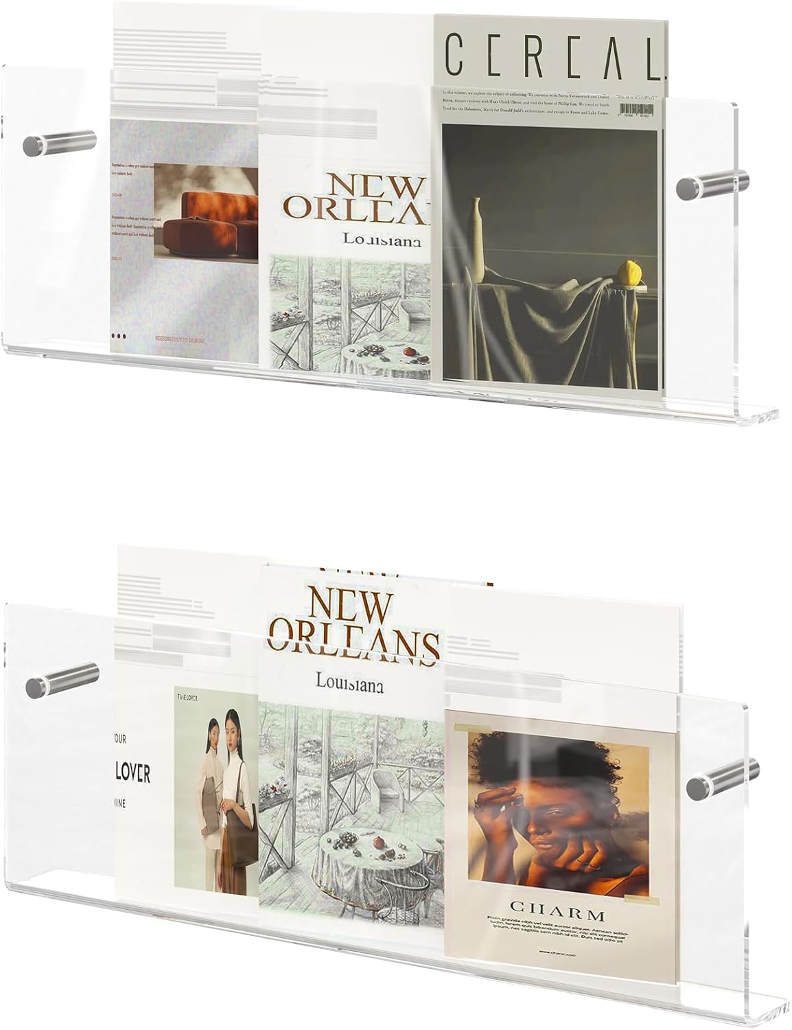 Acrylic Magazine Holder, 2 Pack Hanging Bookshelf Magazine Rack, Wall Mounted Floating Brochure Display for Waiting Room, Office, Home (Clear, 17 Inch)