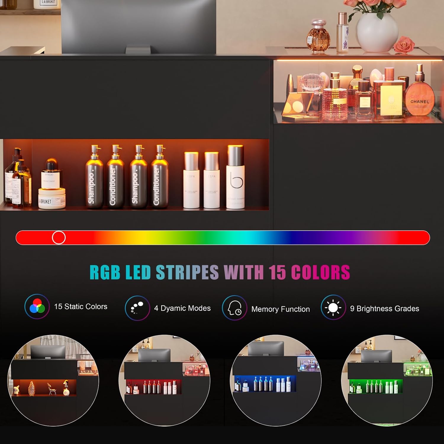 PAKASEPT 59" Large Reception Desk with Counter, Modern Front Desk Reception Room Table with LED Light & Glass Display Shelf, Retail Counter for Checkout, Lobby, Beauty Salon, Home Office Desk (Black)