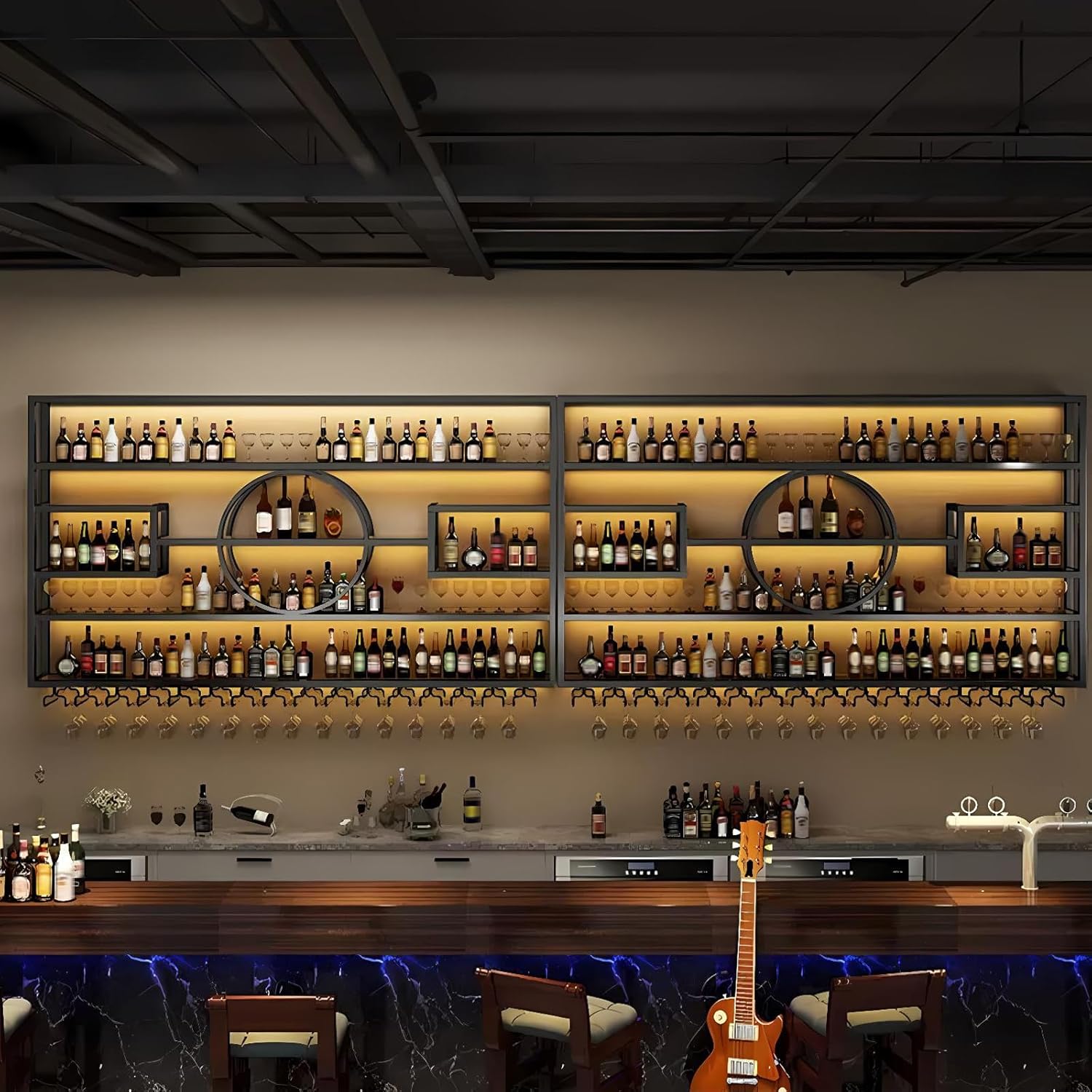 Wall Mounted Wine Rack, Modern Industrial Hanging Liquor Bottles Shelves with Wine Glass Holder, Metal Floating Wine Storage Display Shelf, for Bar, Kitchen, Wine Cellar (Gold, 140cm/55.1in)