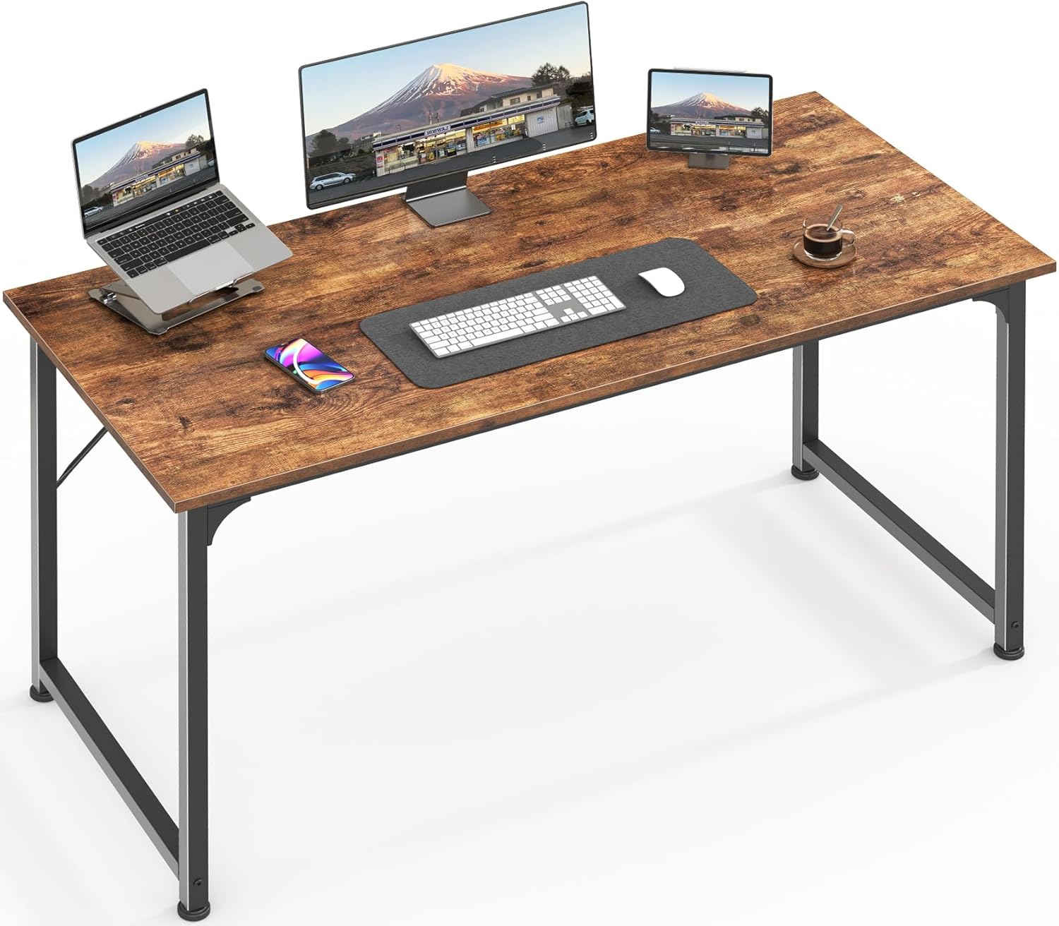 Huuger Computer Desk, 55 Inch Home Office Desk, Gaming Writing Work from Home Study Desk, Large Legroom, Sturdy Metal Frame, Modern Simple, Rustic Brown