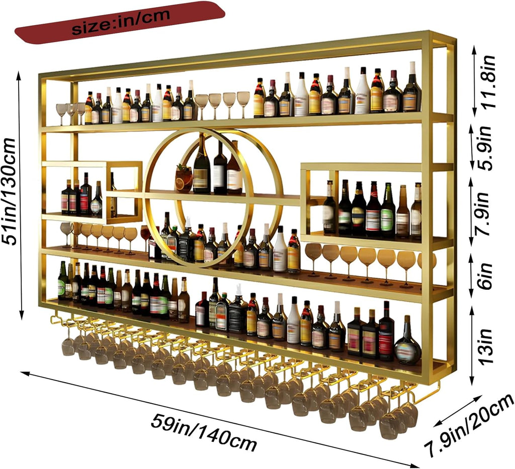 Wall Mounted Wine Rack, Modern Industrial Hanging Liquor Bottles Shelves with Wine Glass Holder, Metal Floating Wine Storage Display Shelf, for Bar, Kitchen, Wine Cellar (Gold, 140cm/55.1in)