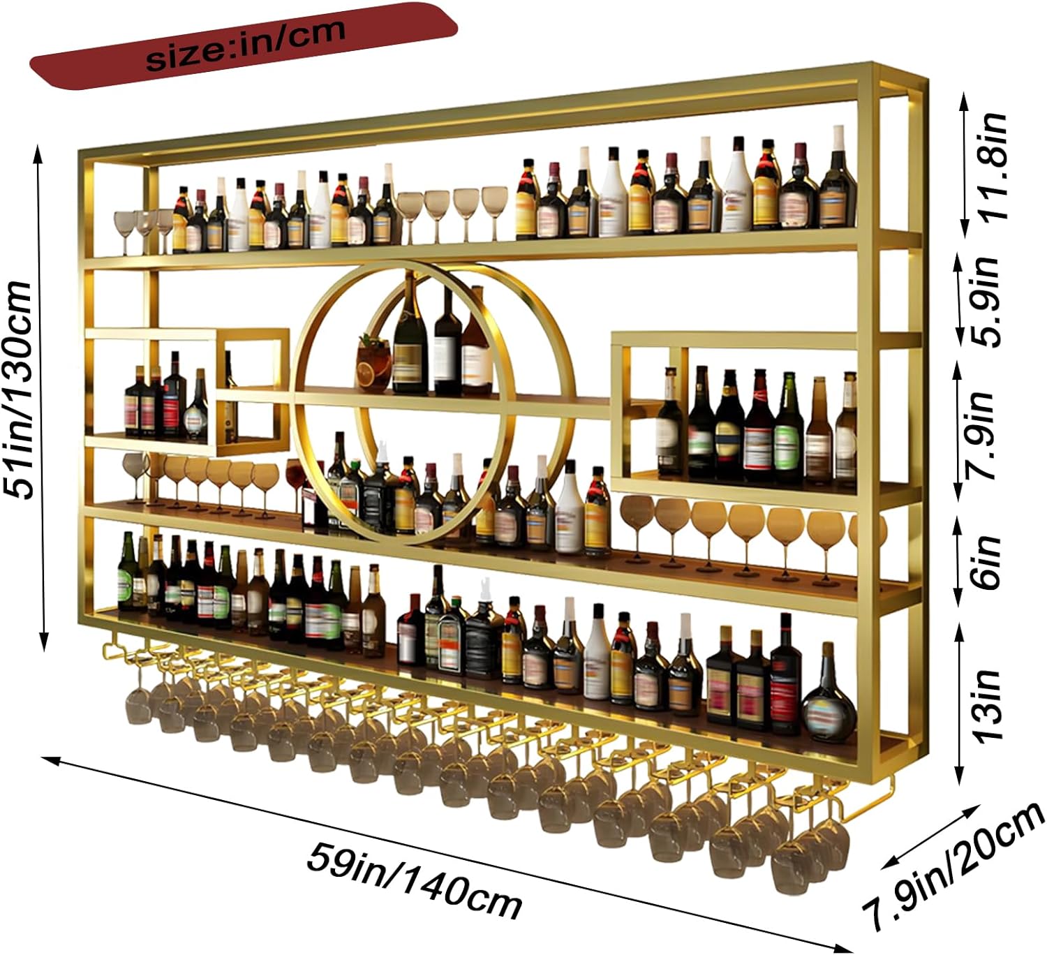Wall Mounted Wine Rack, Modern Industrial Hanging Liquor Bottles Shelves with Wine Glass Holder, Metal Floating Wine Storage Display Shelf, for Bar, Kitchen, Wine Cellar (Gold, 140cm/55.1in)