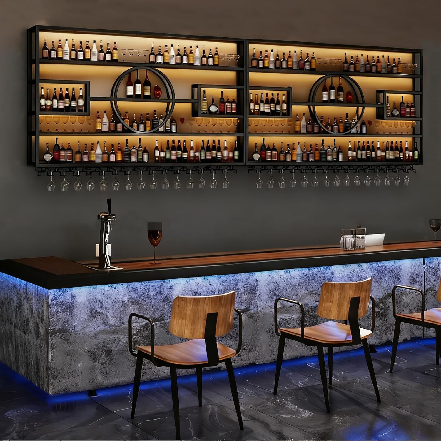 Wall Mounted Wine Rack, Modern Industrial Hanging Liquor Bottles Shelves with Wine Glass Holder, Metal Floating Wine Storage Display Shelf, for Bar, Kitchen, Wine Cellar (Gold, 140cm/55.1in)