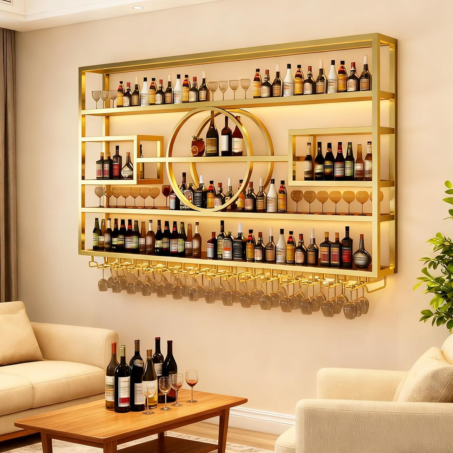 Wall Mounted Wine Rack, Modern Industrial Hanging Liquor Bottles Shelves with Wine Glass Holder, Metal Floating Wine Storage Display Shelf, for Bar, Kitchen, Wine Cellar (Gold, 140cm/55.1in)