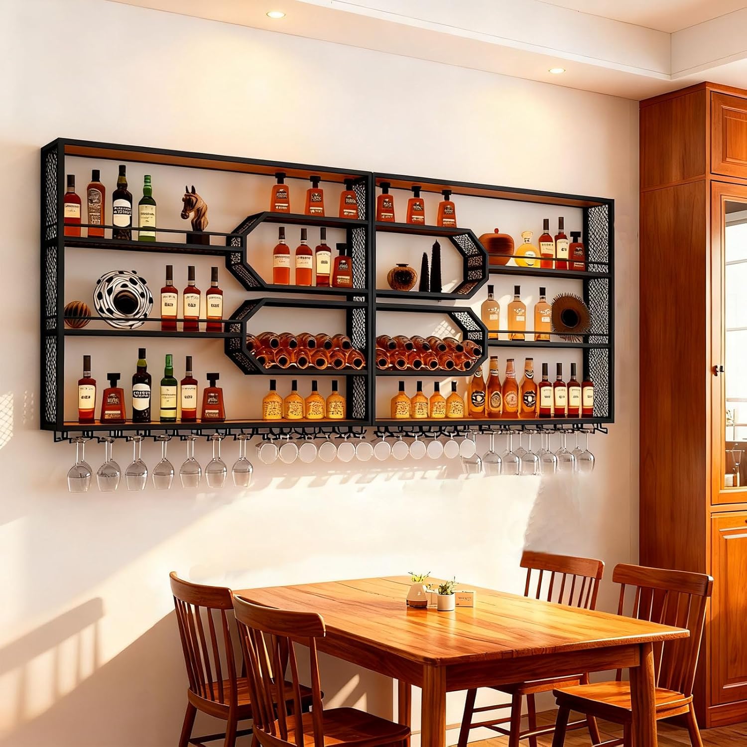 78.7in Wall Mounted Wine Rack with LED Light, 4 Tier Bar Shelves Display Shelf with Glass Holder, Large Heavy Duty Metal Floating Hanging Liquor Storage Organizer, for Bar Dining Room Cafe