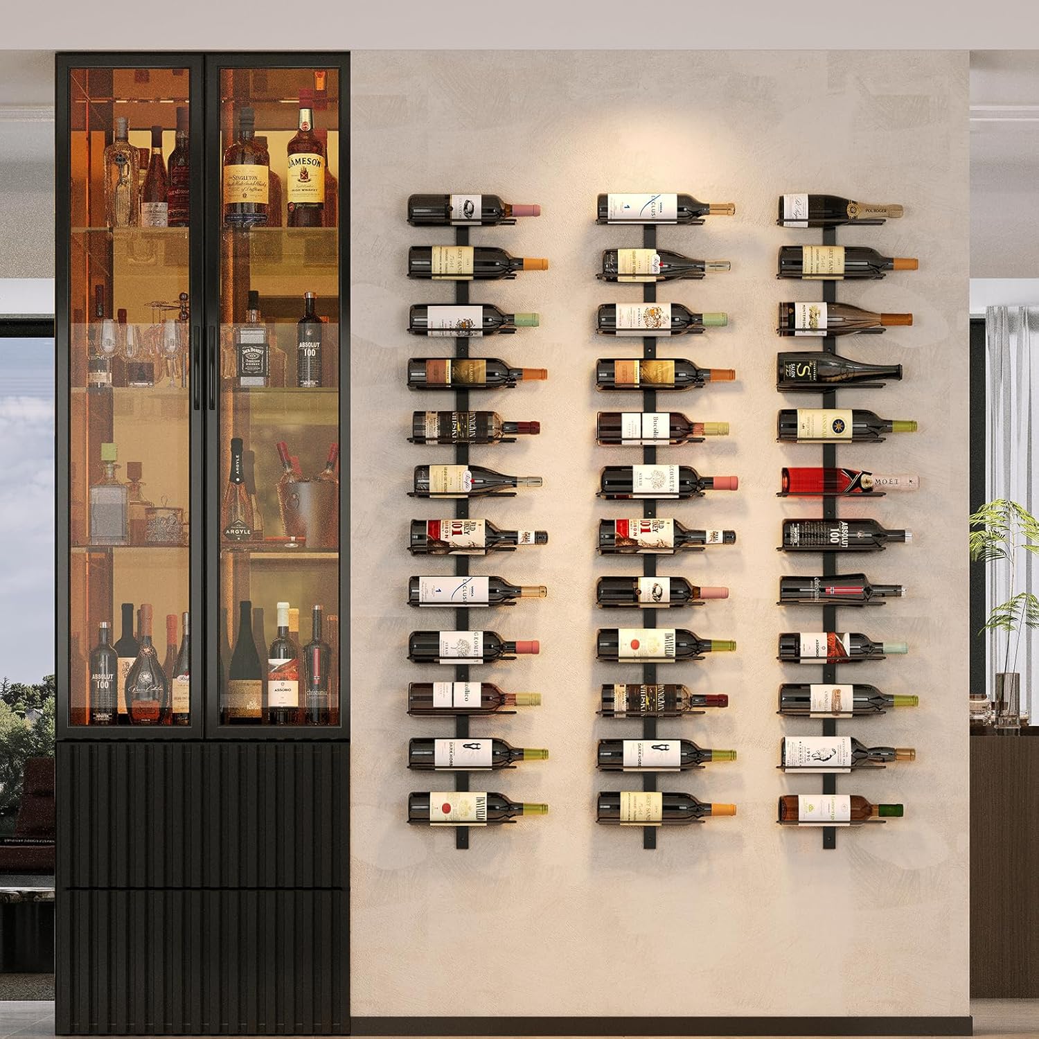 36 Bottle Wall Mounted Wine Rack, Modular Hanging Wine Rack for DIY Display, Detachable 3 Pack Wine Bottle Holder, Black Metal Storage Rack for Bar, Kitchen, Cellar, Restaurant