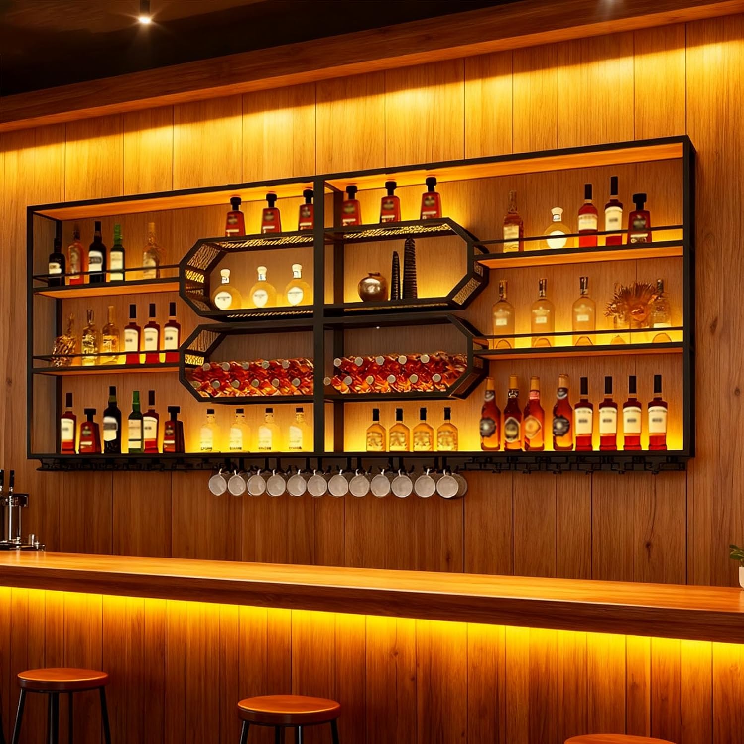 78.7in Wall Mounted Wine Rack with LED Light, 4 Tier Bar Shelves Display Shelf with Glass Holder, Large Heavy Duty Metal Floating Hanging Liquor Storage Organizer, for Bar Dining Room Cafe