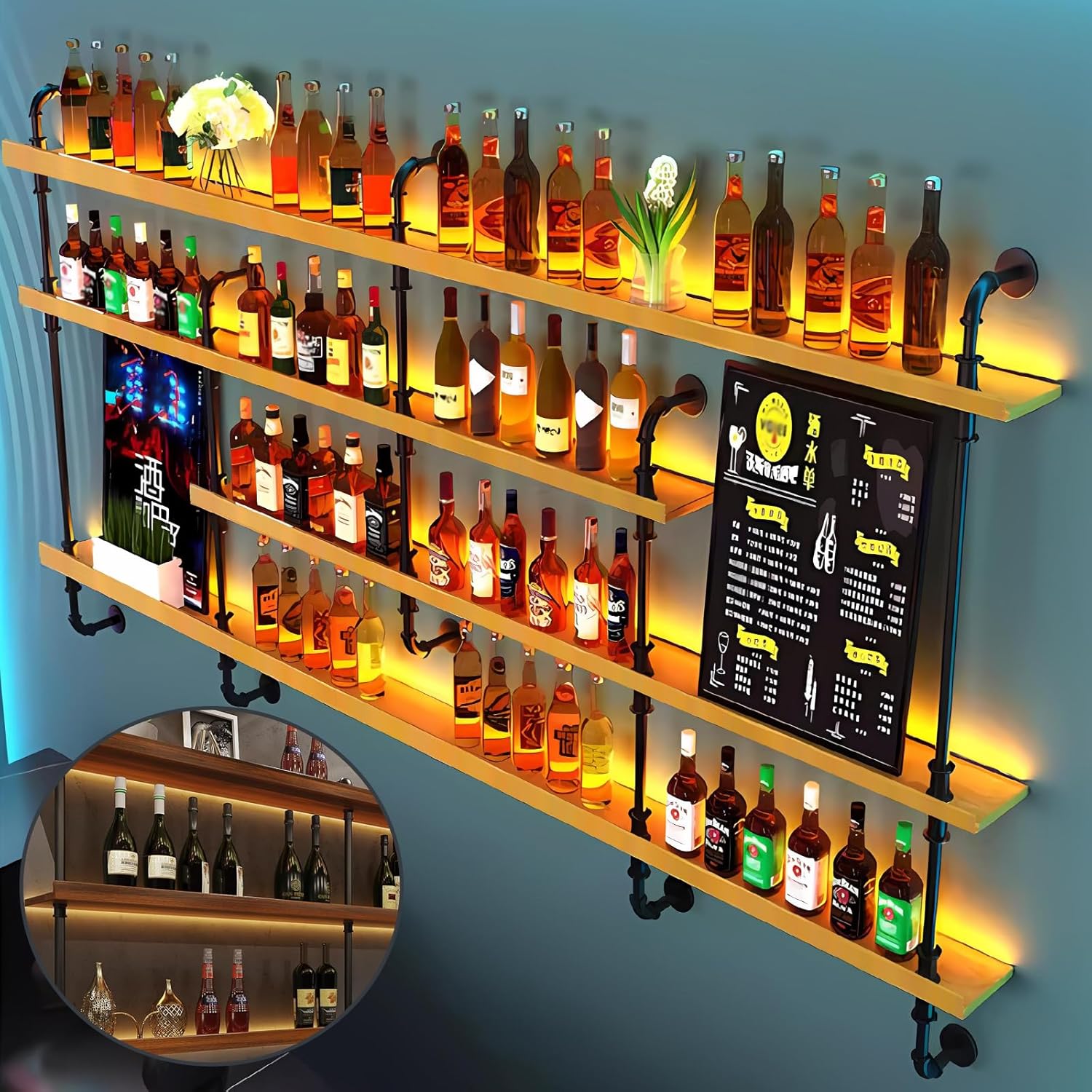 Wall-Mounted Wine Rack with LED Lights 4-Tier Wooden Floating Bar Shelves Creative Large Wine Bottle Display Rack Hanging Shelf, for Home Bar Kitchen,Living Room (Walnut, 150cm/59in)