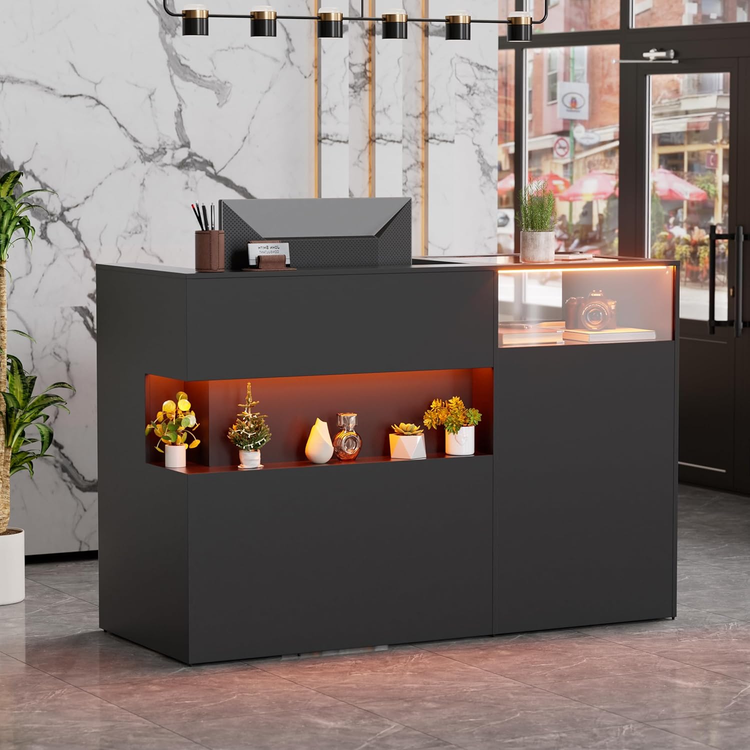 PAKASEPT 59" Large Reception Desk with Counter, Modern Front Desk Reception Room Table with LED Light & Glass Display Shelf, Retail Counter for Checkout, Lobby, Beauty Salon, Home Office Desk (Black)