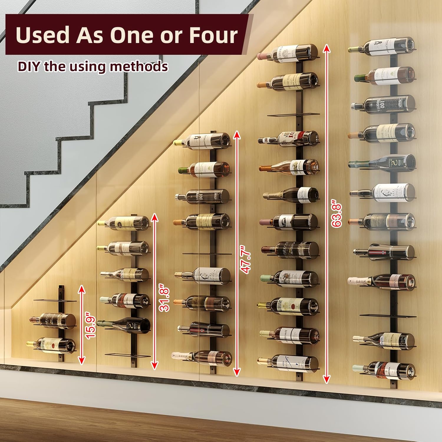 36 Bottle Wall Mounted Wine Rack, Modular Hanging Wine Rack for DIY Display, Detachable 3 Pack Wine Bottle Holder, Black Metal Storage Rack for Bar, Kitchen, Cellar, Restaurant