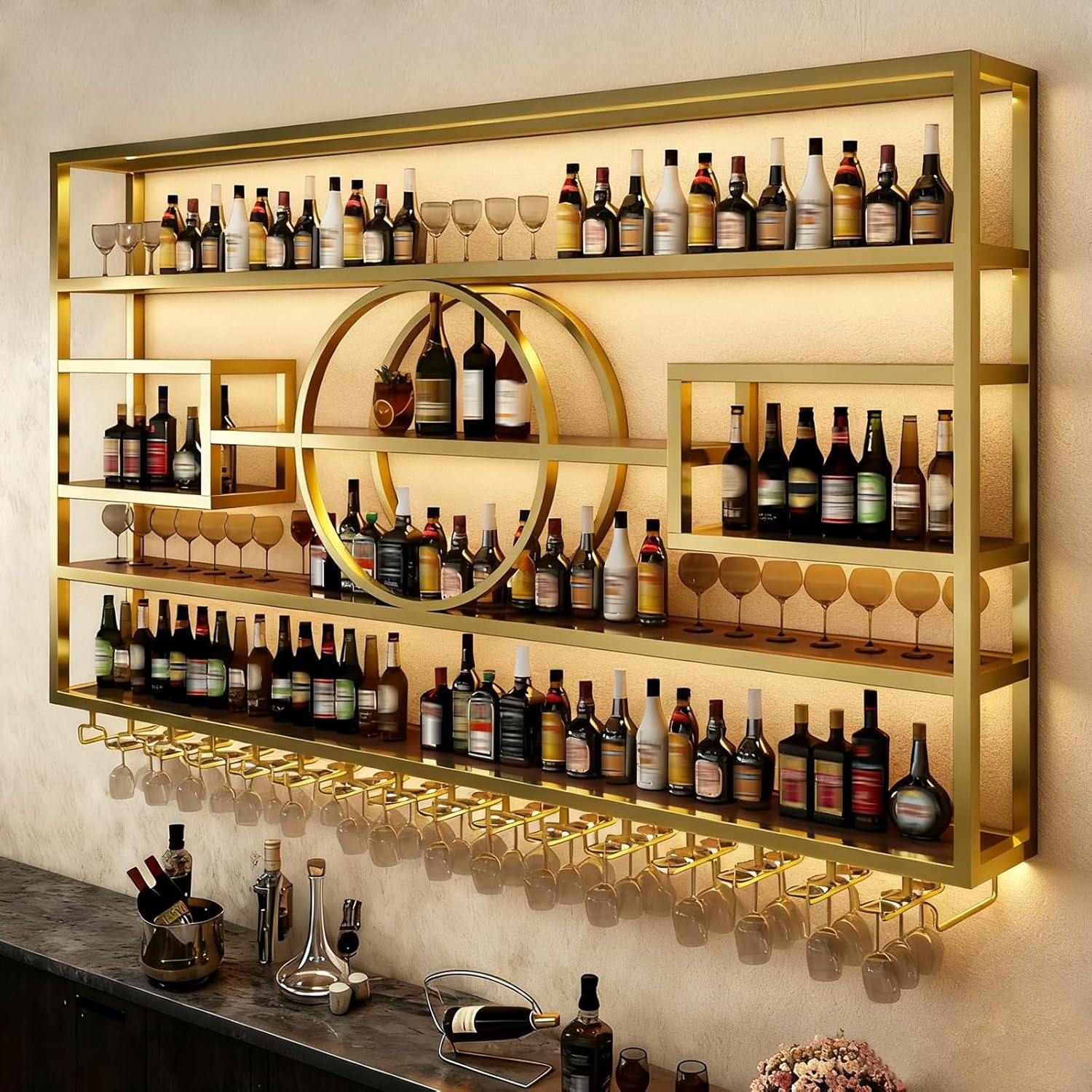 Wall Mounted Wine Rack, Modern Industrial Hanging Liquor Bottles Shelves with Wine Glass Holder, Metal Floating Wine Storage Display Shelf, for Bar, Kitchen, Wine Cellar (Gold, 140cm/55.1in)