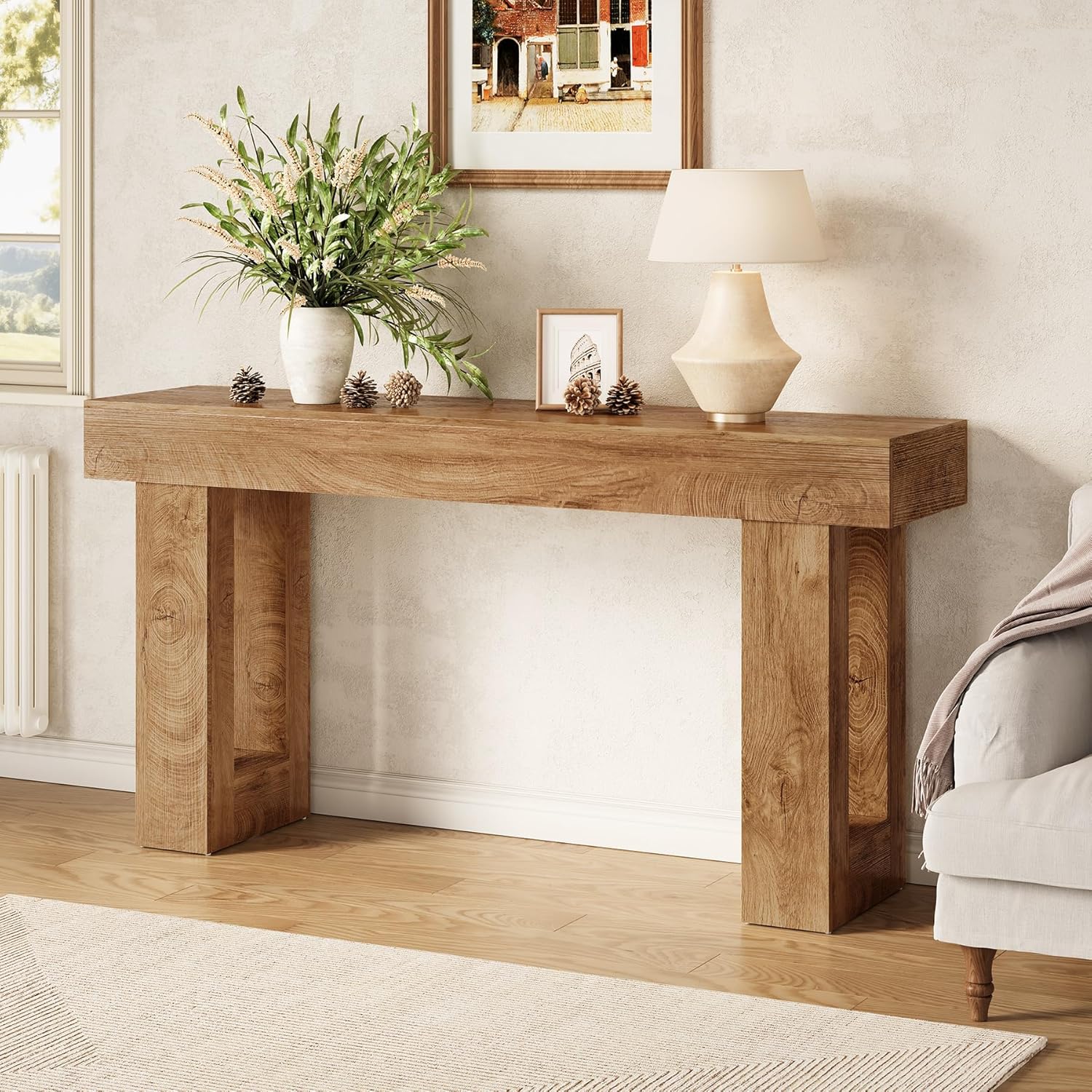 LITTLE TREE 63 Inches Long Console Table for Entryway, Sofa Table Behind Couch, Wooden Entry Table Foyer Hallway Table, Industrial Console Sofa Table for Living Room, Oak Color