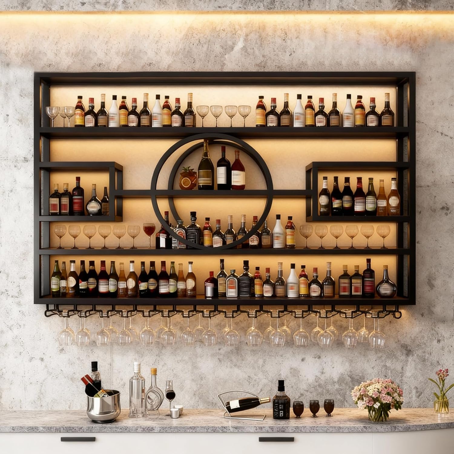 Wall Mounted Wine Rack, Modern Industrial Hanging Liquor Bottles Shelves with Wine Glass Holder, Metal Floating Wine Storage Display Shelf, for Bar, Kitchen, Wine Cellar (Gold, 140cm/55.1in)