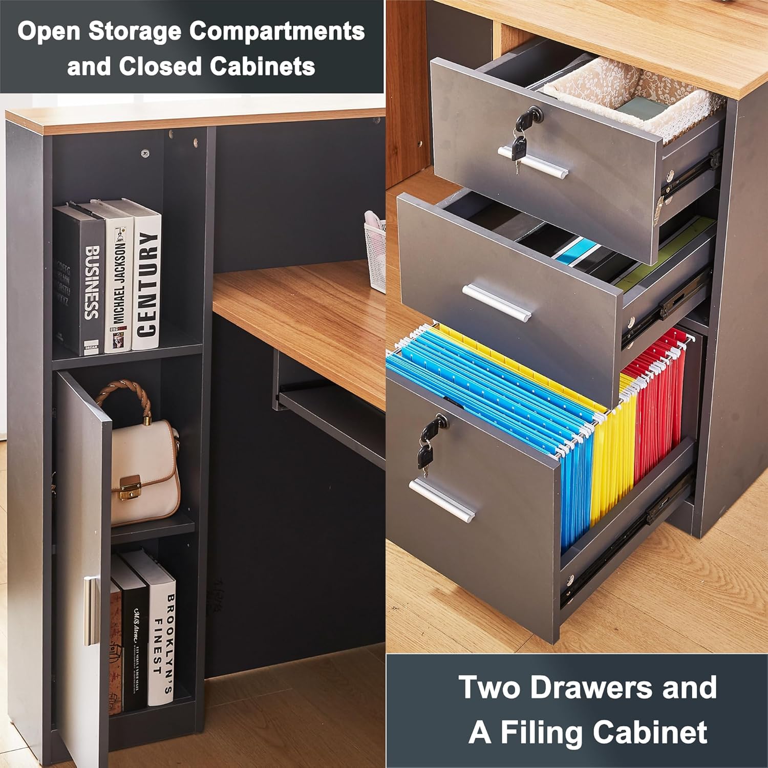 L Shaped Reception Desk with Lockable Drawers and Adjustable Filling Cabinet,Modern Front Desk Reception Counter with Keyboard Tray and Storage Cabinet for Checkout,Lobby,Beauty Salon