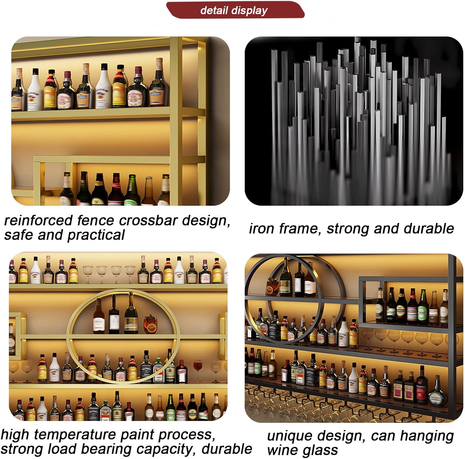 Wall Mounted Wine Rack, Modern Industrial Hanging Liquor Bottles Shelves with Wine Glass Holder, Metal Floating Wine Storage Display Shelf, for Bar, Kitchen, Wine Cellar (Gold, 140cm/55.1in)