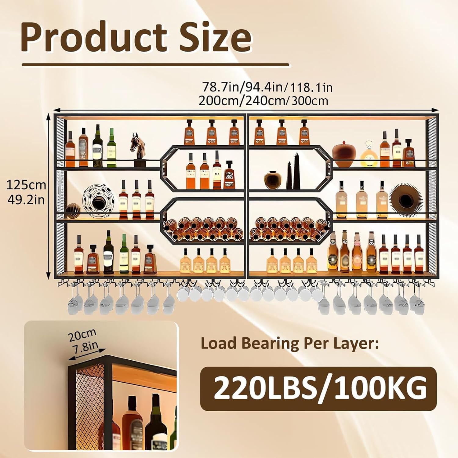 78.7in Wall Mounted Wine Rack with LED Light, 4 Tier Bar Shelves Display Shelf with Glass Holder, Large Heavy Duty Metal Floating Hanging Liquor Storage Organizer, for Bar Dining Room Cafe