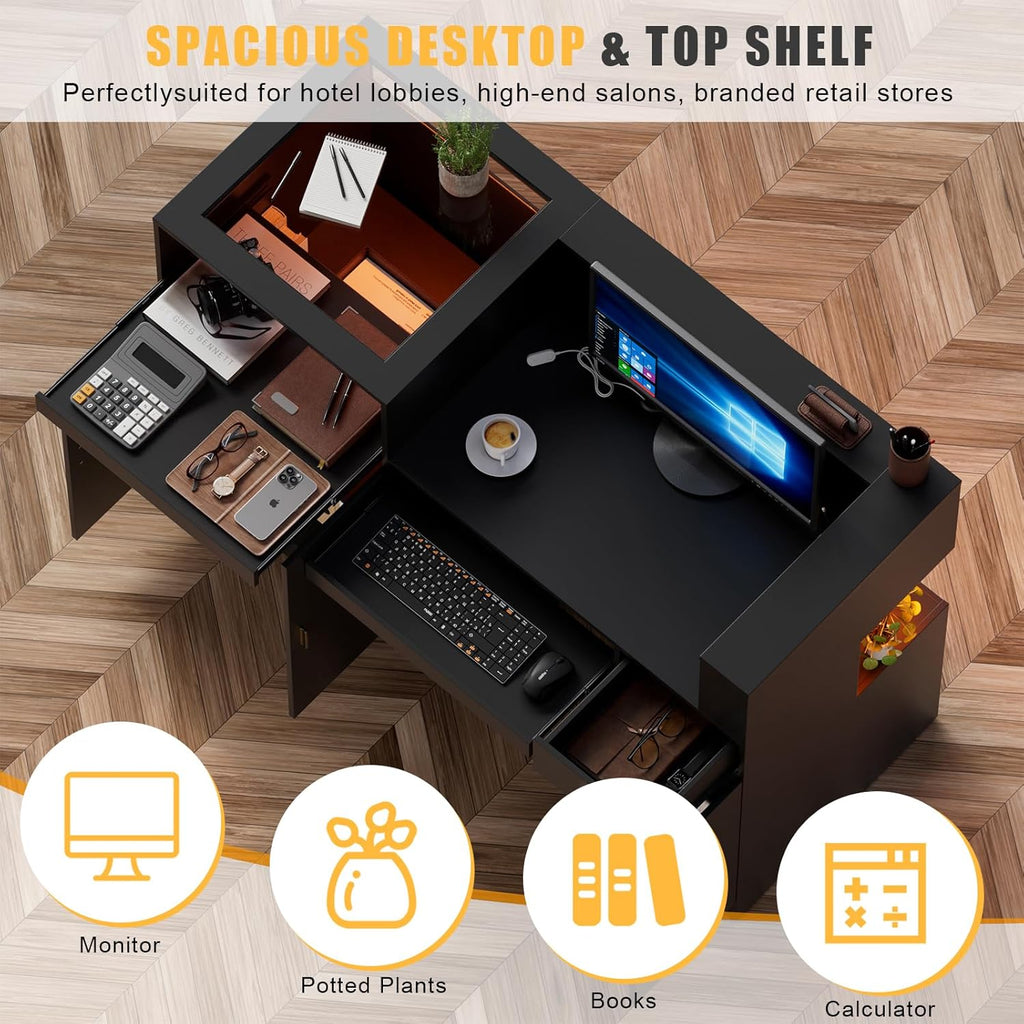 PAKASEPT 59" Large Reception Desk with Counter, Modern Front Desk Reception Room Table with LED Light & Glass Display Shelf, Retail Counter for Checkout, Lobby, Beauty Salon, Home Office Desk (Black)