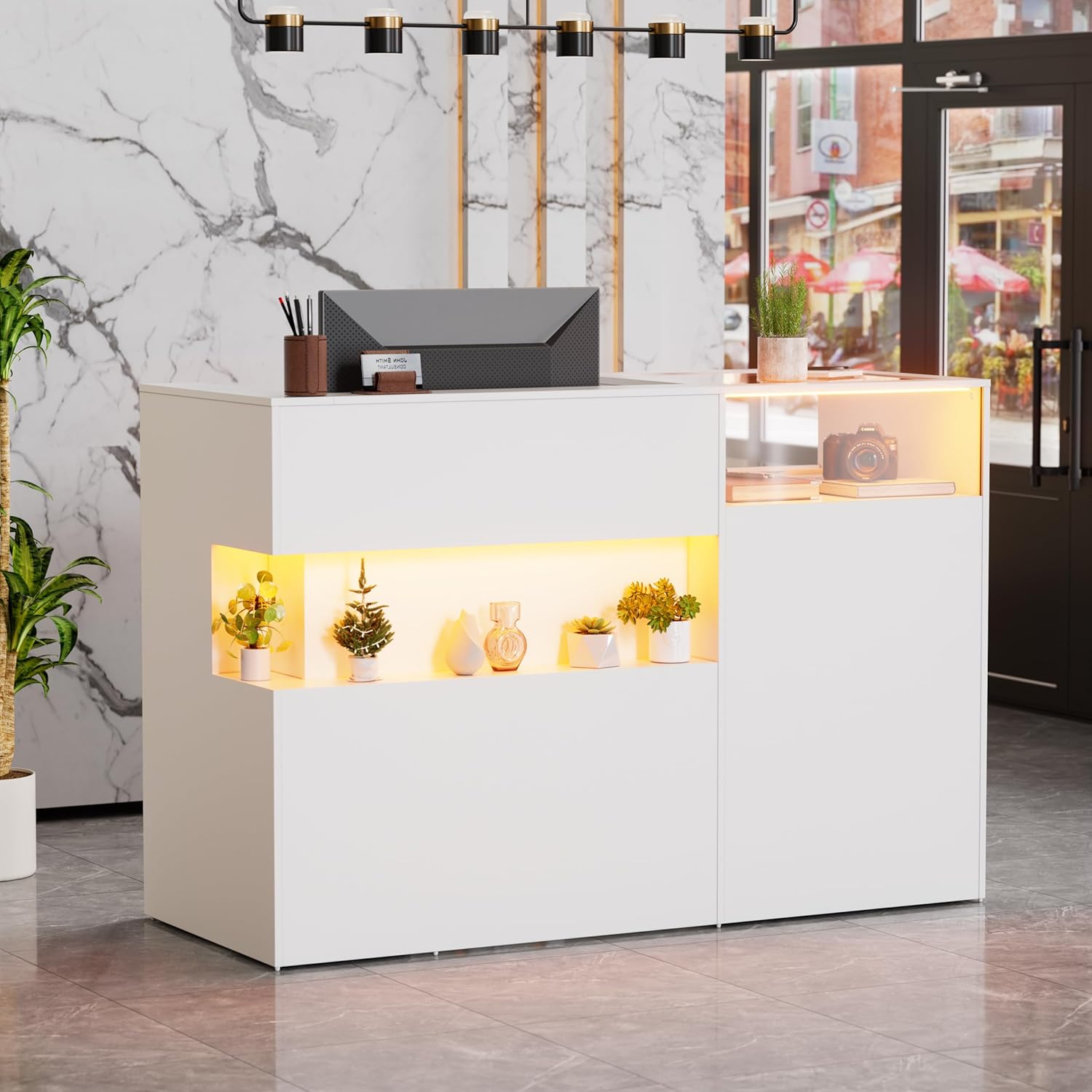 PAKASEPT 59" Large Reception Desk with Counter, Modern Front Desk Reception Room Table with LED Light & Glass Display Shelf, Retail Counter for Checkout, Lobby, Beauty Salon, Home Office Desk (Black)