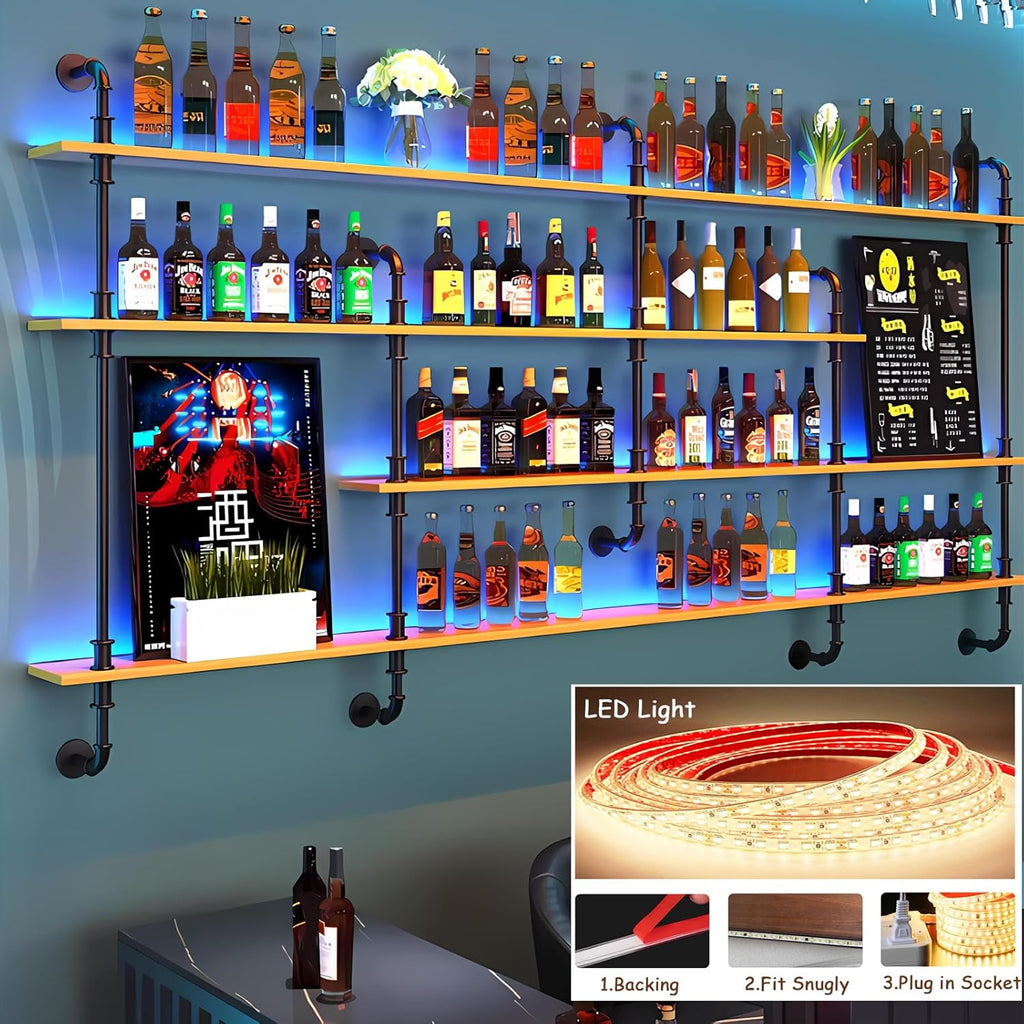 Wall-Mounted Wine Rack with LED Lights 4-Tier Wooden Floating Bar Shelves Creative Large Wine Bottle Display Rack Hanging Shelf, for Home Bar Kitchen,Living Room (Walnut, 150cm/59in)