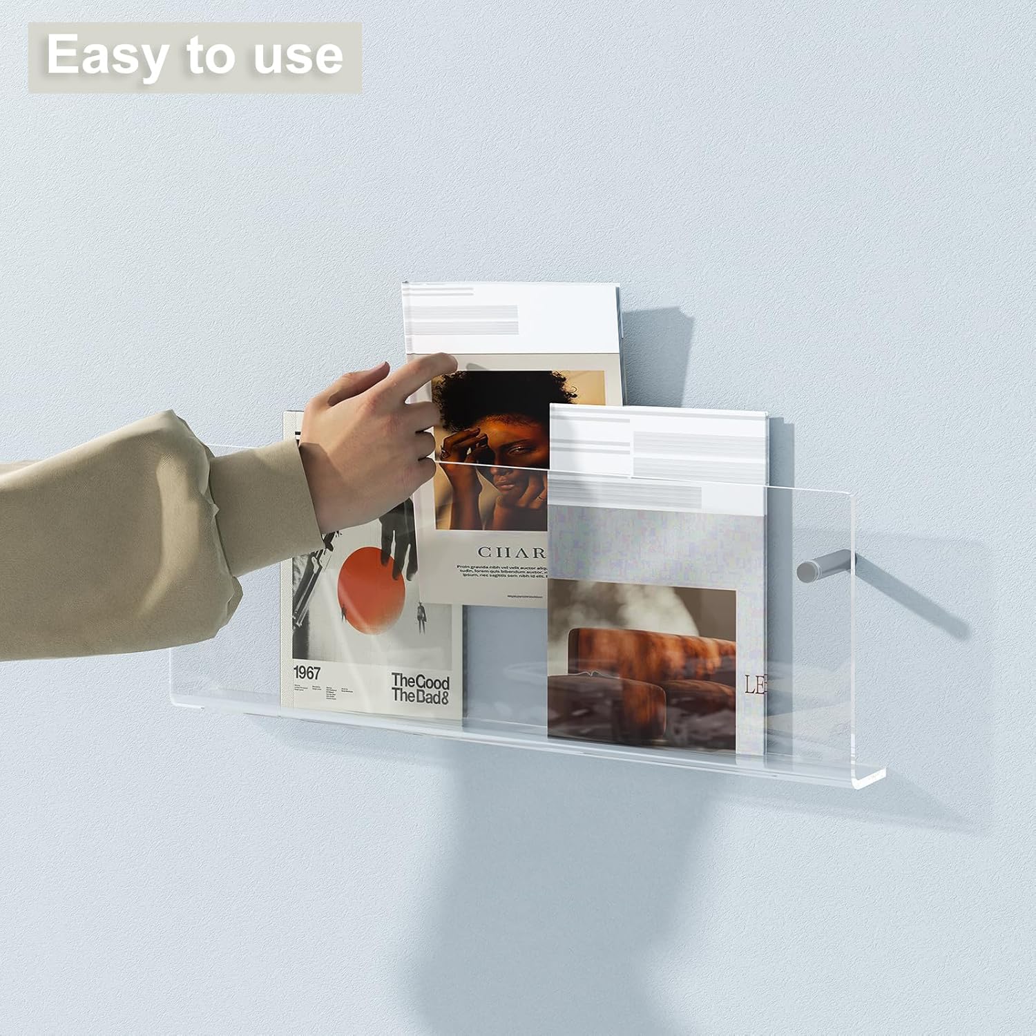 Acrylic Magazine Holder, 2 Pack Hanging Bookshelf Magazine Rack, Wall Mounted Floating Brochure Display for Waiting Room, Office, Home (Clear, 17 Inch)