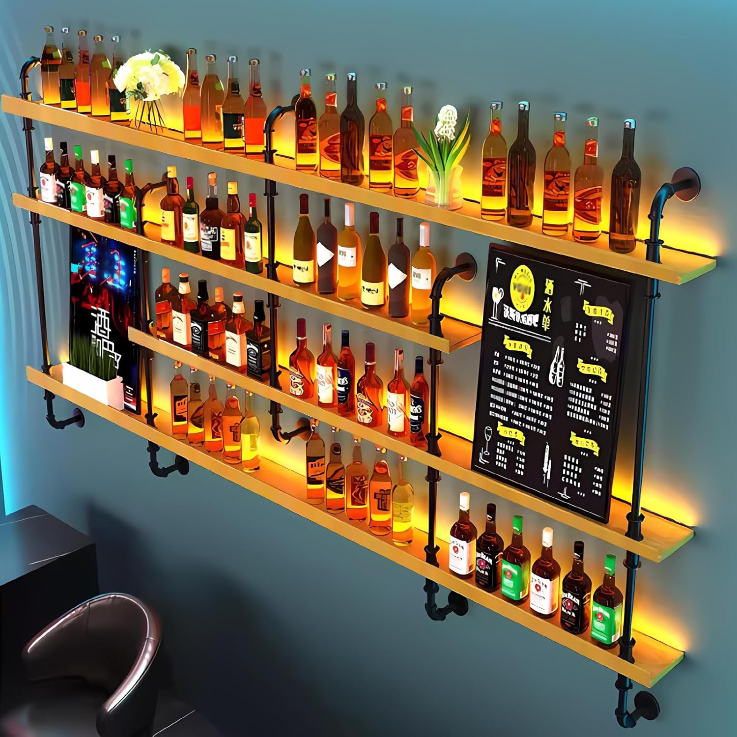 Wall-Mounted Wine Rack with LED Lights 4-Tier Wooden Floating Bar Shelves Creative Large Wine Bottle Display Rack Hanging Shelf, for Home Bar Kitchen,Living Room (Walnut, 150cm/59in)