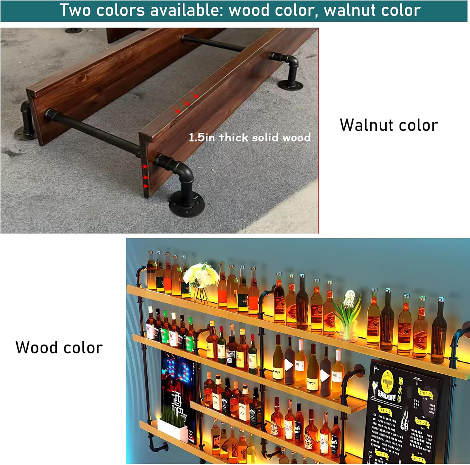 Wall-Mounted Wine Rack with LED Lights 4-Tier Wooden Floating Bar Shelves Creative Large Wine Bottle Display Rack Hanging Shelf, for Home Bar Kitchen,Living Room (Walnut, 150cm/59in)