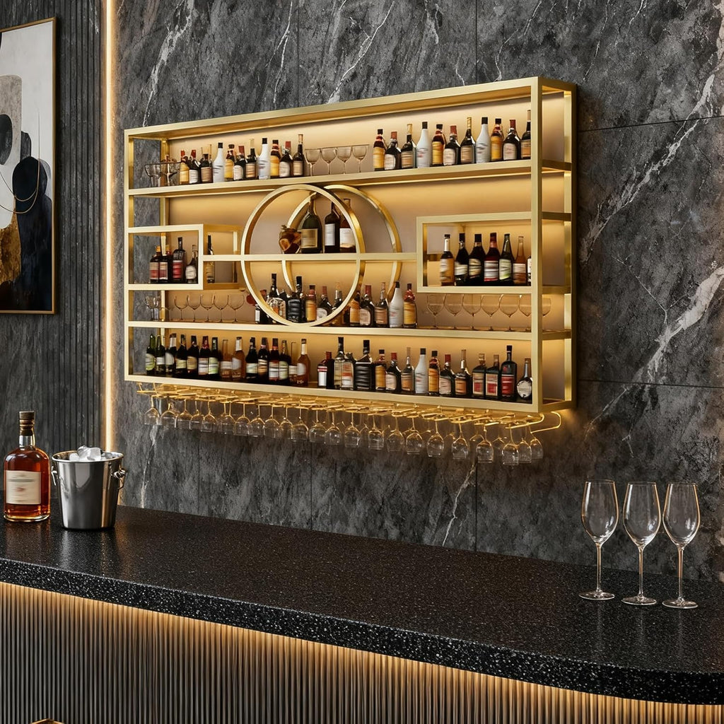 Wall Mounted Wine Rack, Modern Industrial Hanging Liquor Bottles Shelves with Wine Glass Holder, Metal Floating Wine Storage Display Shelf, for Bar, Kitchen, Wine Cellar (Gold, 140cm/55.1in)