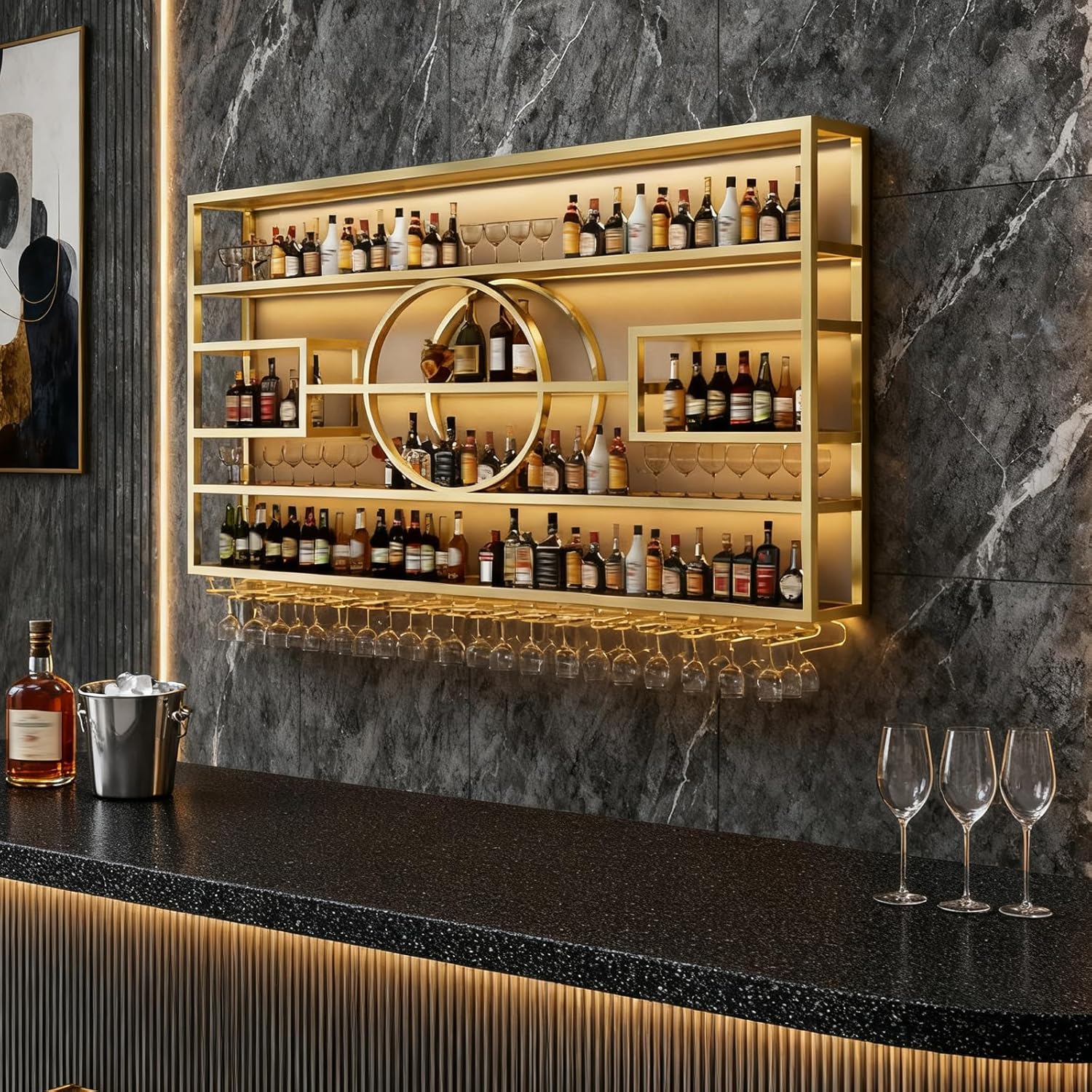 Wall Mounted Wine Rack, Modern Industrial Hanging Liquor Bottles Shelves with Wine Glass Holder, Metal Floating Wine Storage Display Shelf, for Bar, Kitchen, Wine Cellar (Gold, 140cm/55.1in)