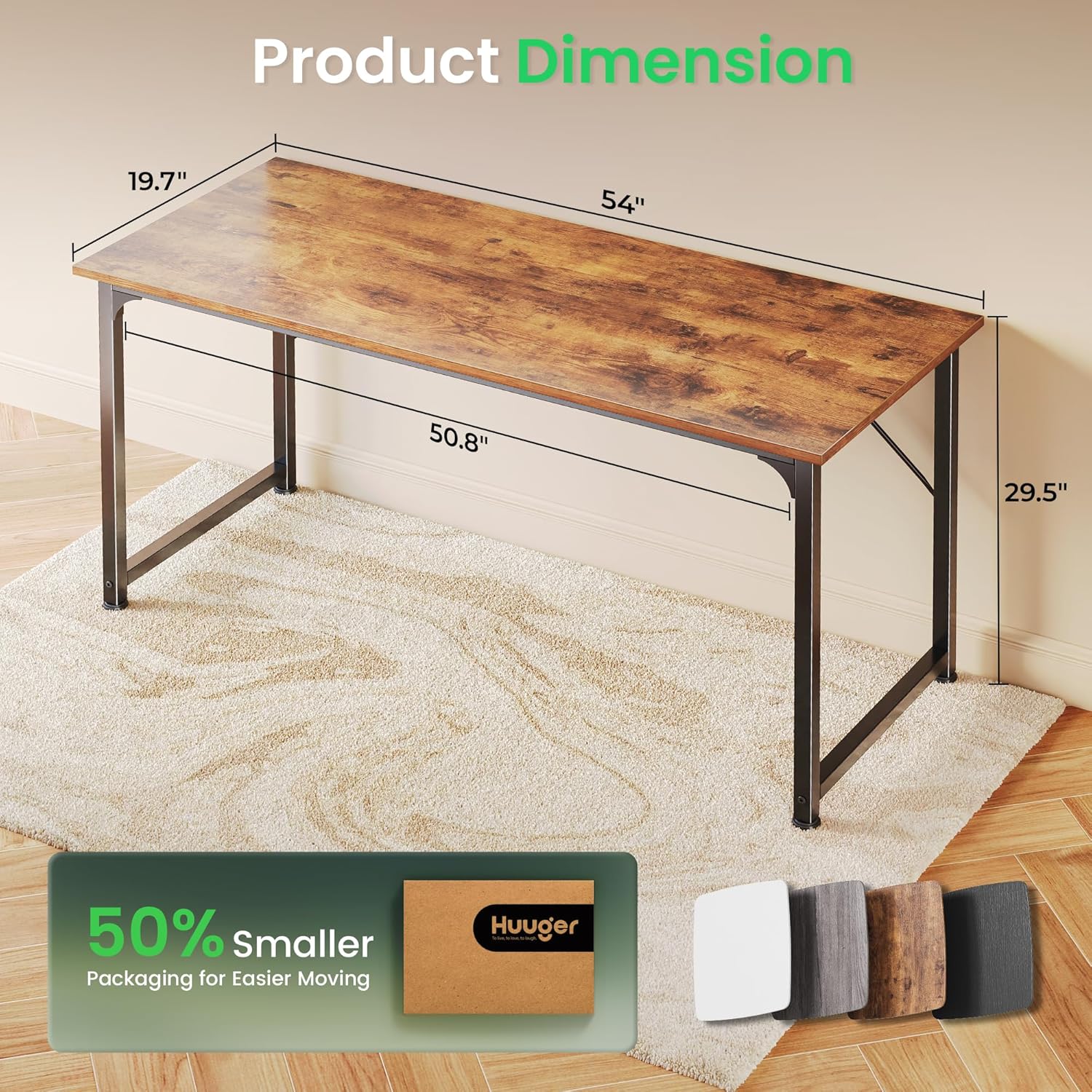 Huuger Computer Desk, 55 Inch Home Office Desk, Gaming Writing Work from Home Study Desk, Large Legroom, Sturdy Metal Frame, Modern Simple, Rustic Brown