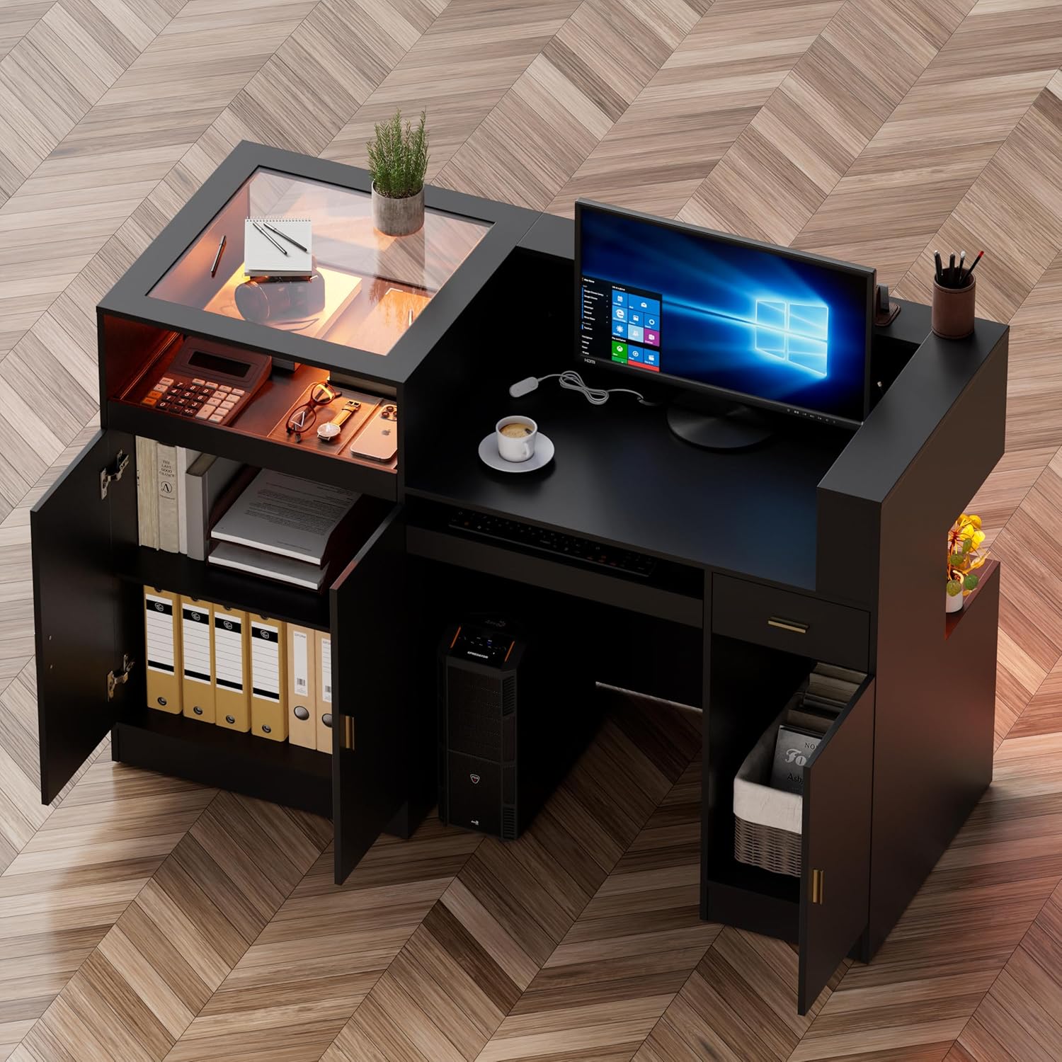 PAKASEPT 59" Large Reception Desk with Counter, Modern Front Desk Reception Room Table with LED Light & Glass Display Shelf, Retail Counter for Checkout, Lobby, Beauty Salon, Home Office Desk (Black)